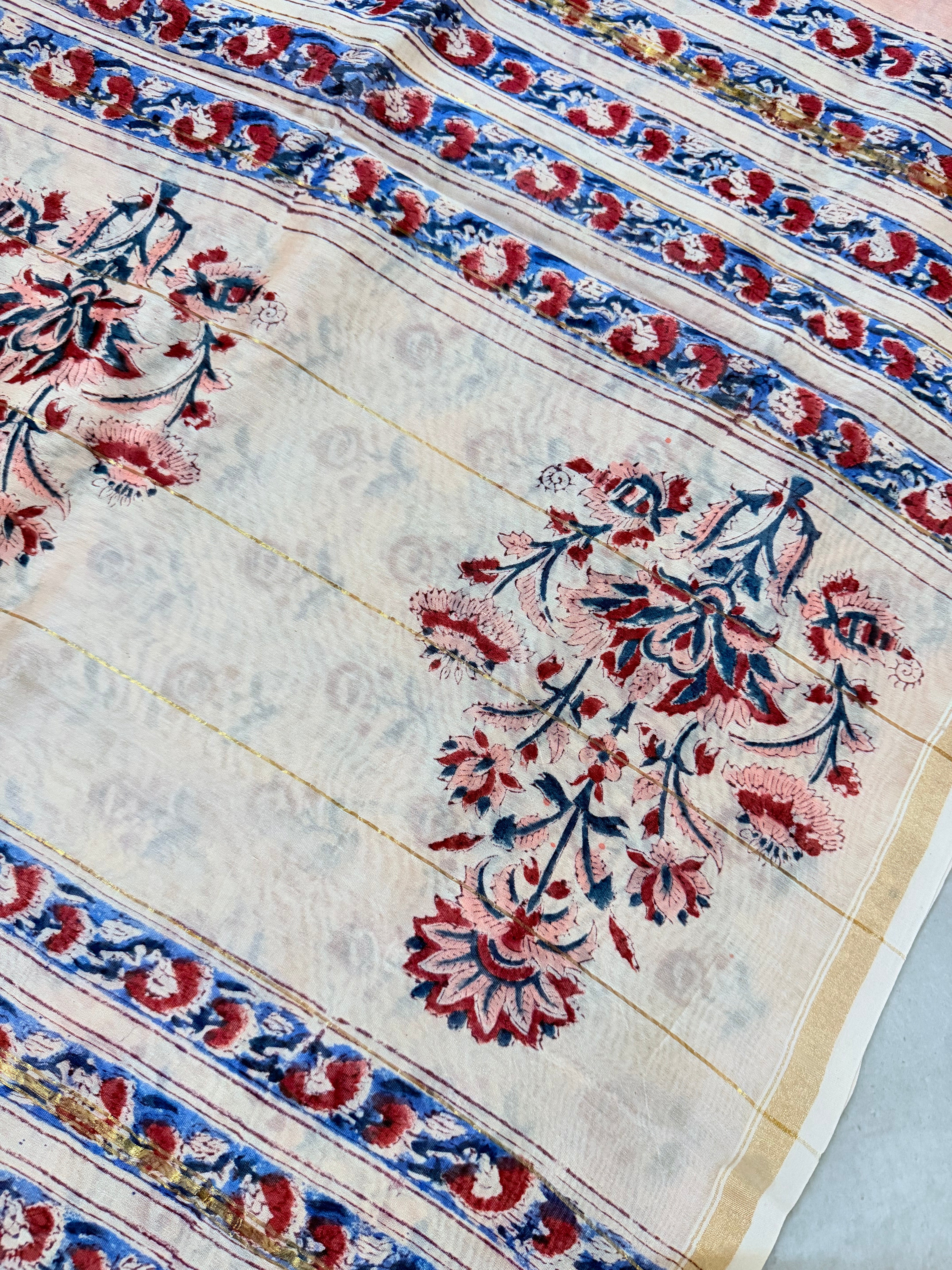 Kiaara | Beige and Pink Floral Block Printed Chanderi Saree