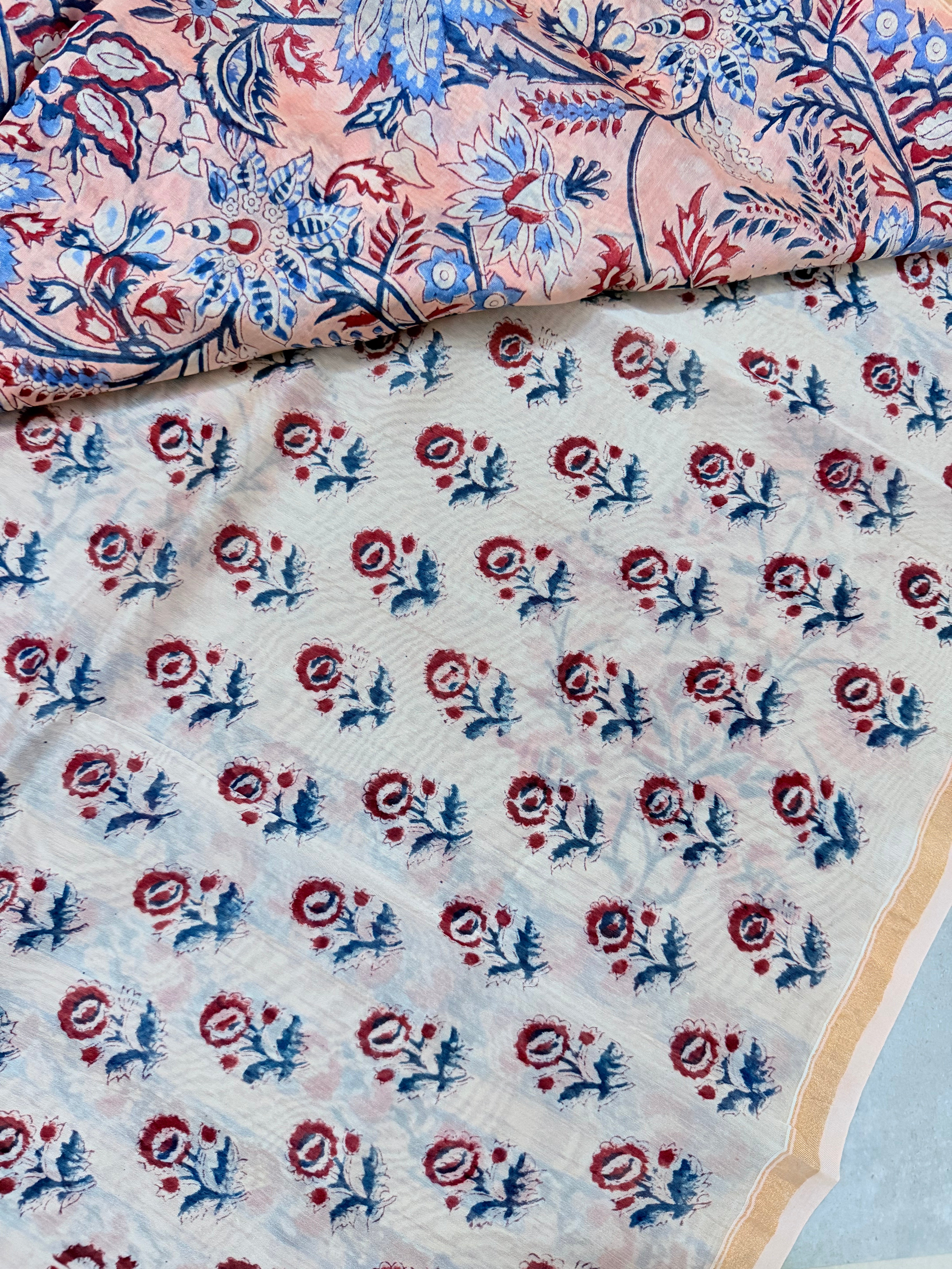 Kiaara | Beige and Pink Floral Block Printed Chanderi Saree