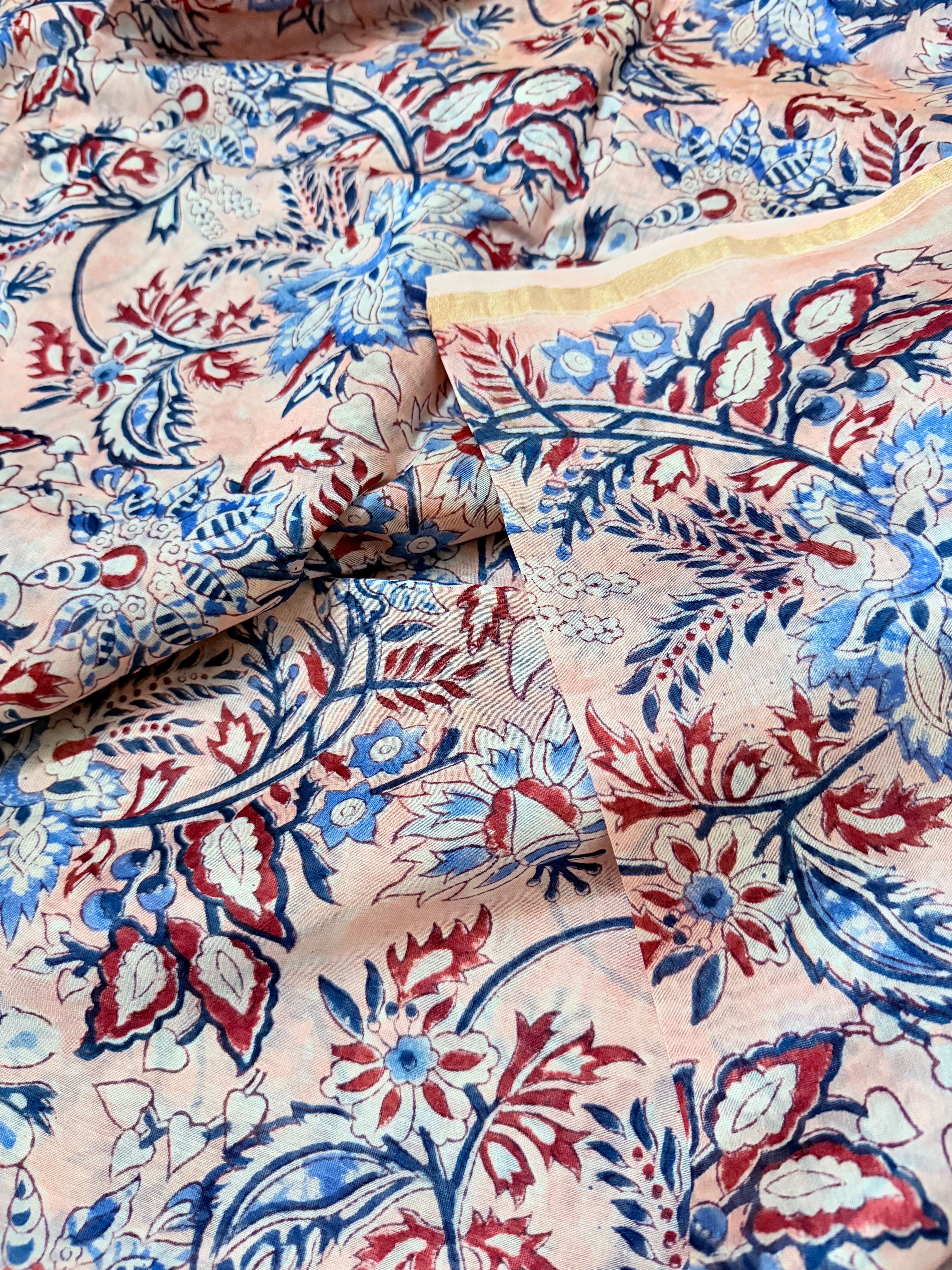 Kiaara | Beige and Pink Floral Block Printed Chanderi Saree