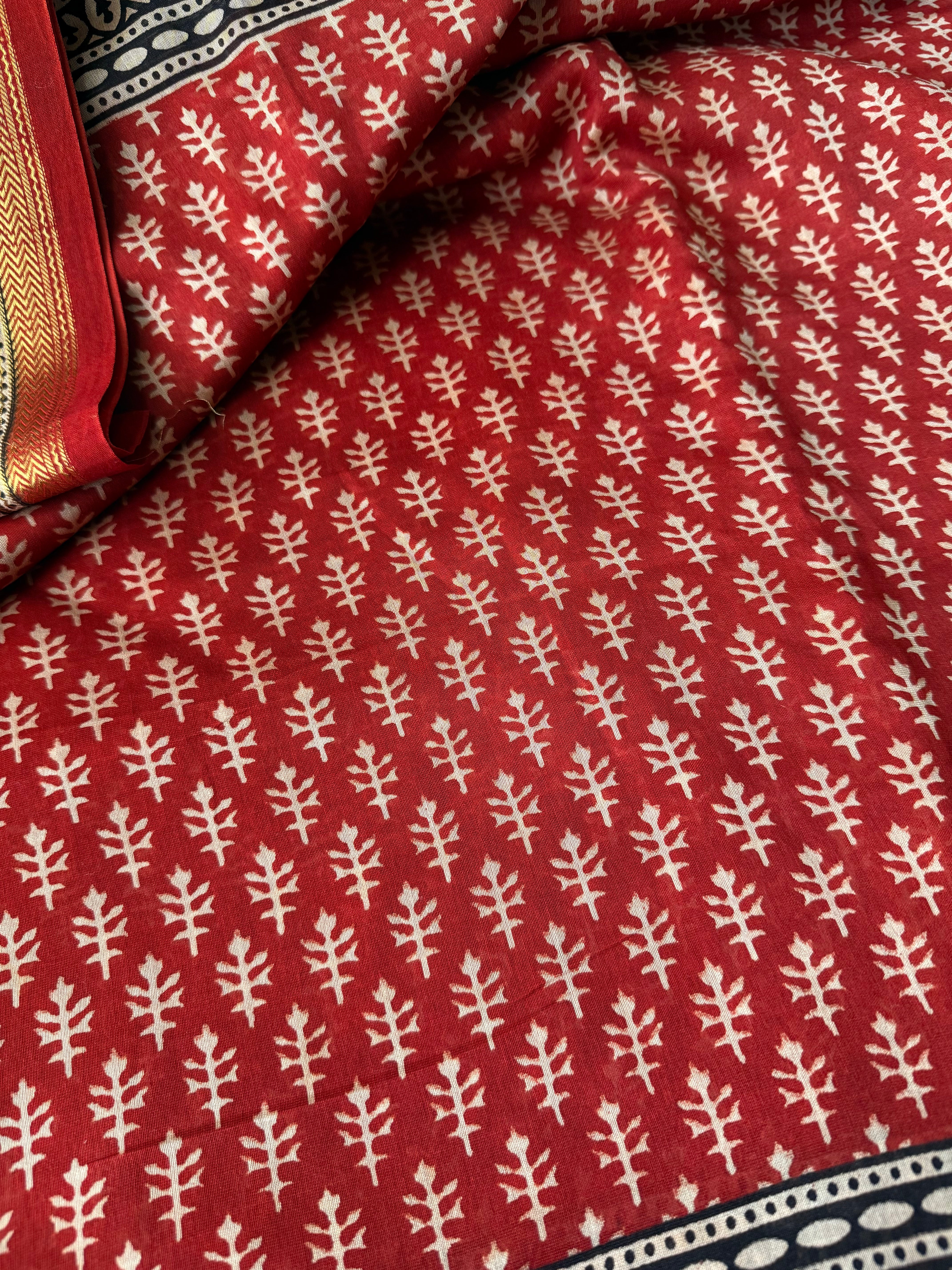 Pushpita | Red Block Printed Maheshwari Saree