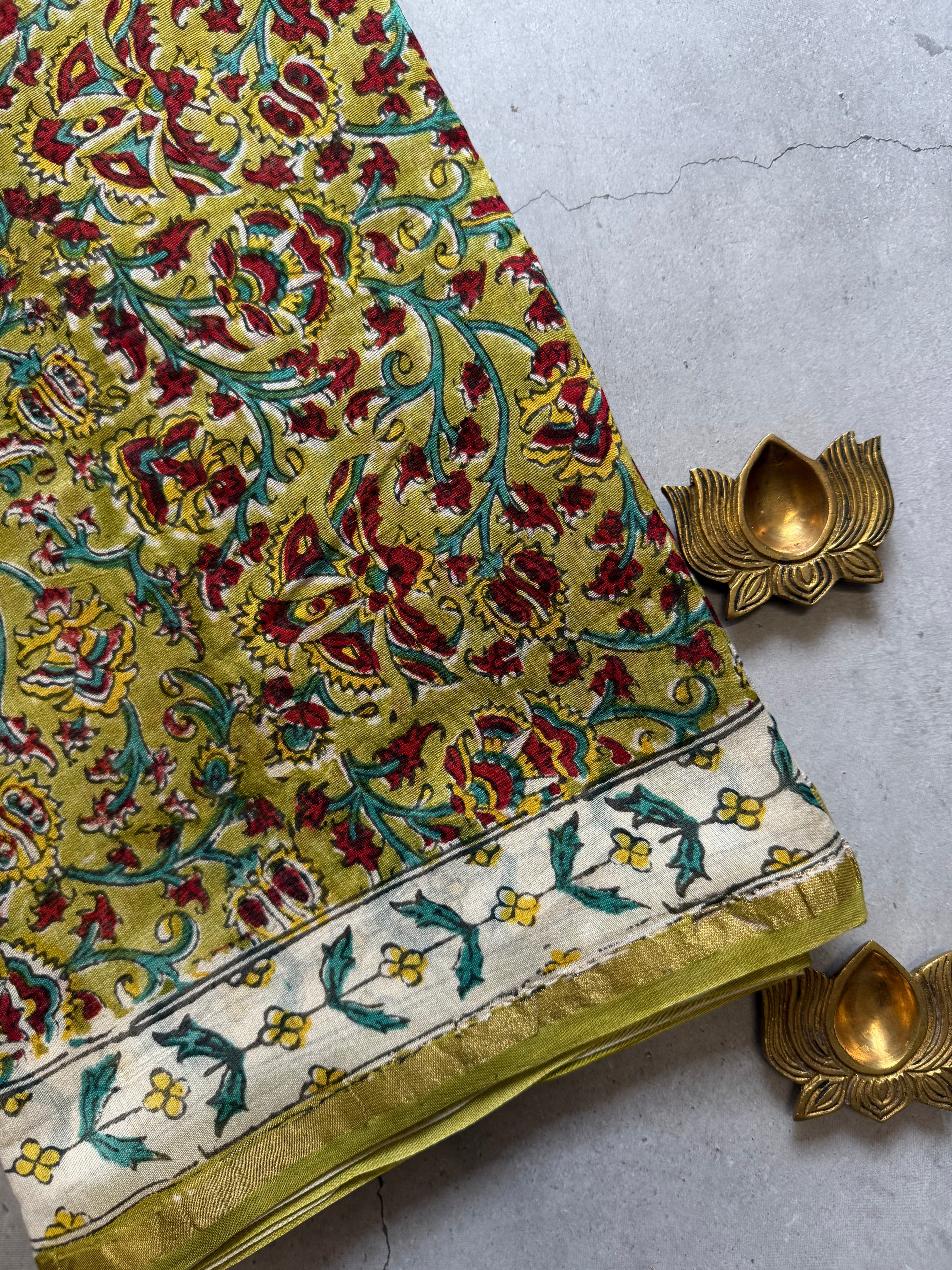 Mallika | Green Floral Block Printed Chanderi Saree