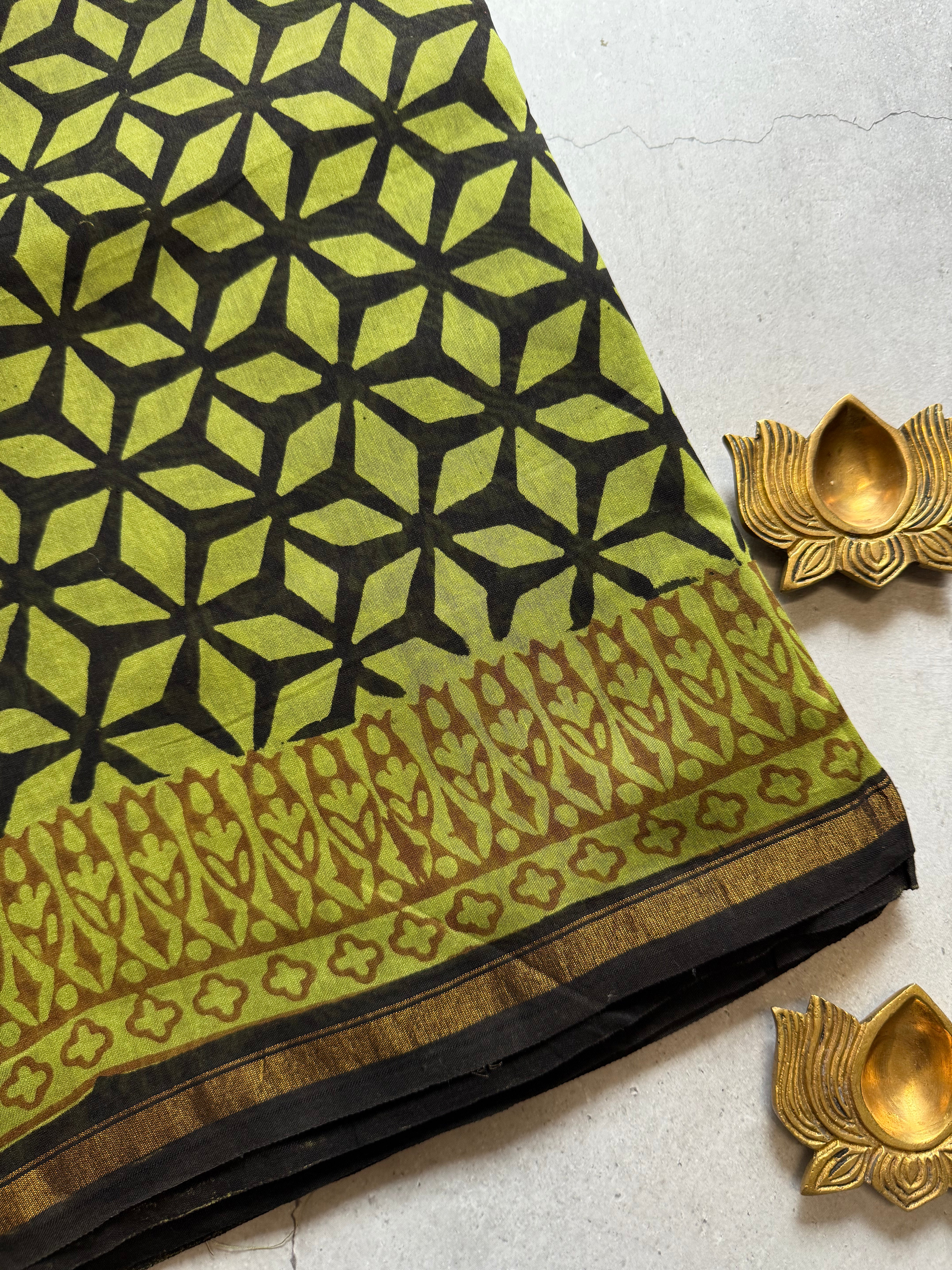 Tamrapushpa | Green and Black Block Printed Chanderi Saree