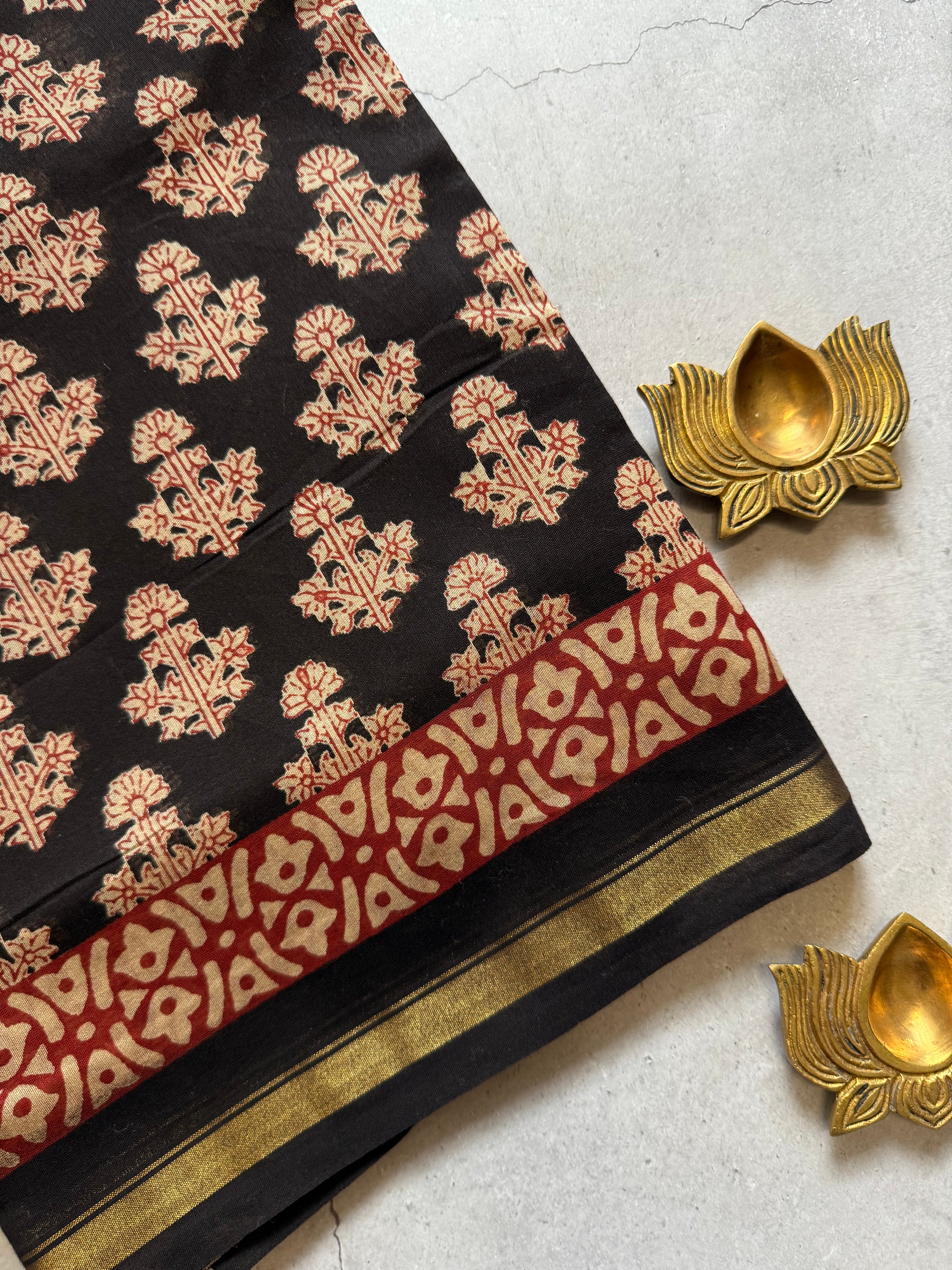 Hemapushpi | Black and Red Block Printed Chanderi Saree