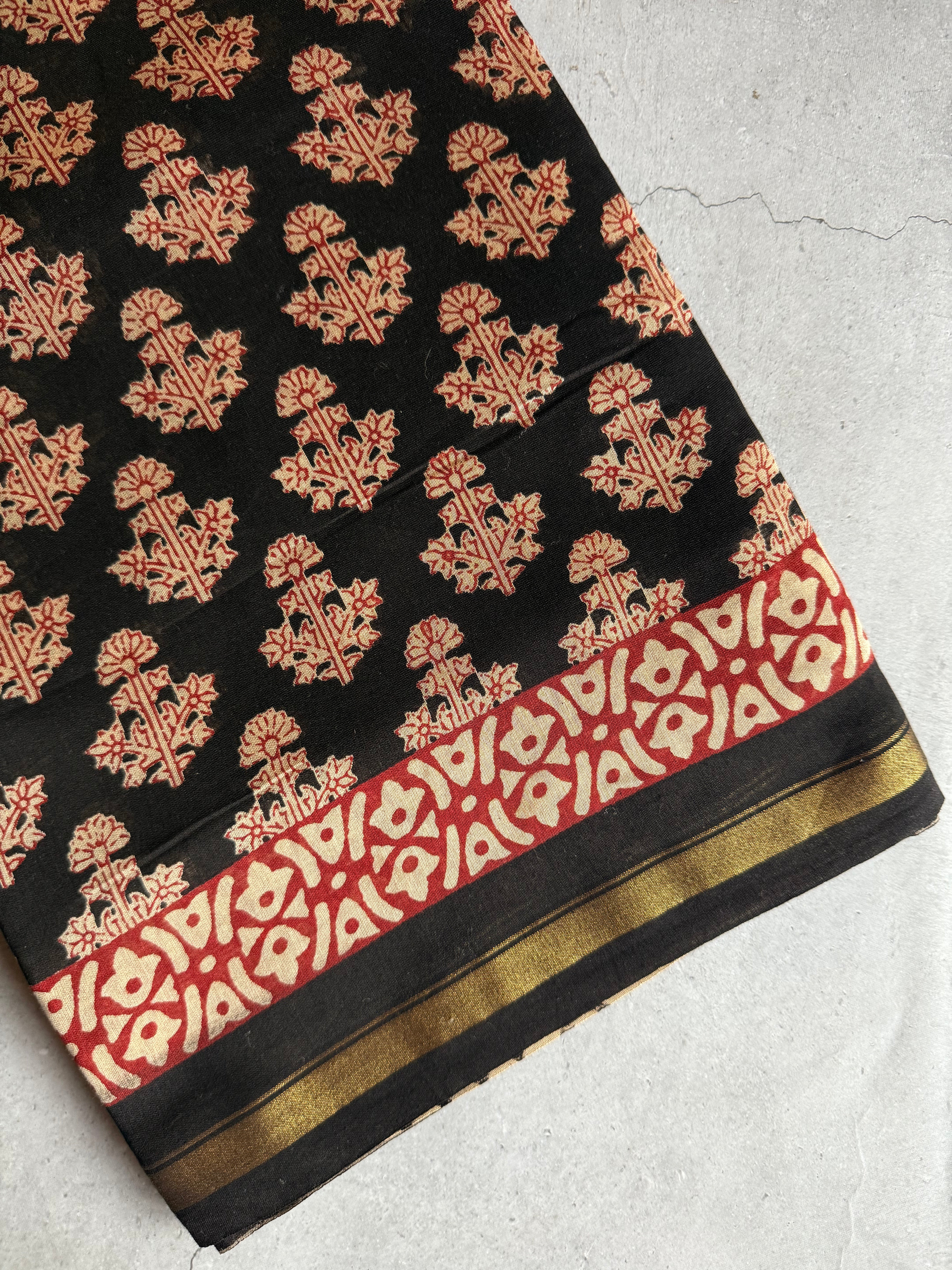 Hemapushpi | Black and Red Block Printed Chanderi Saree
