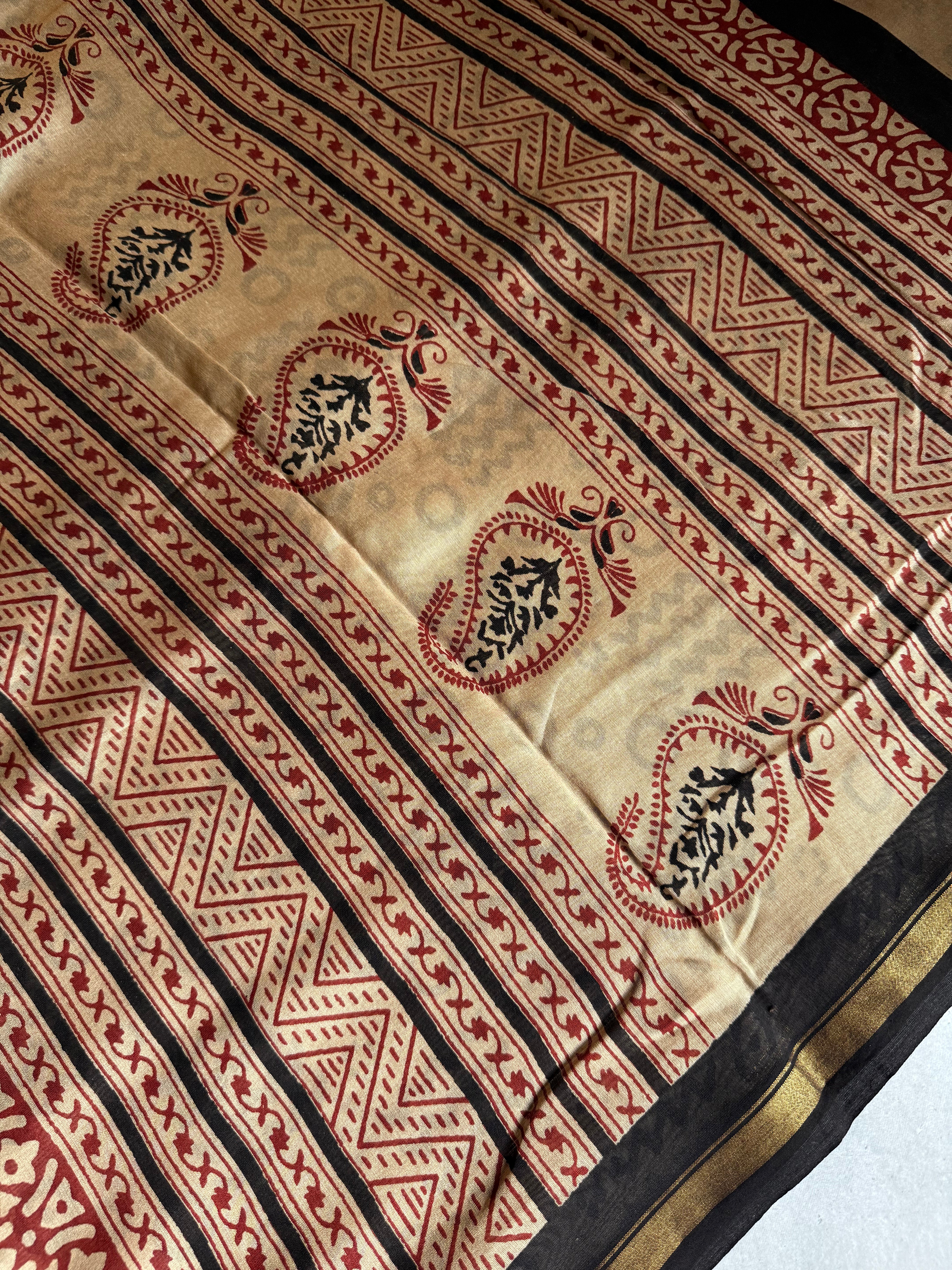 Hemapushpi | Black and Red Block Printed Chanderi Saree