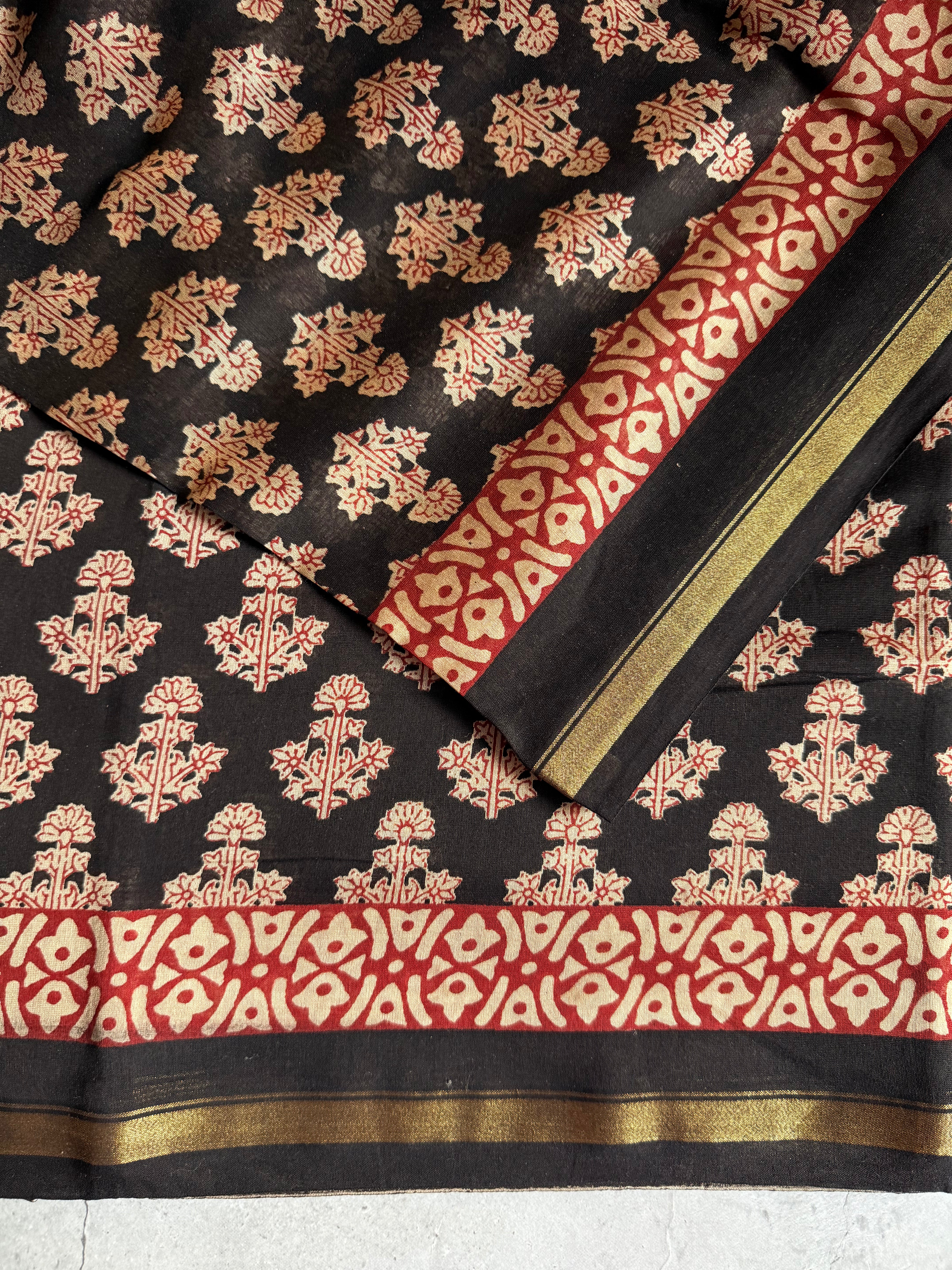 Hemapushpi | Black and Red Block Printed Chanderi Saree