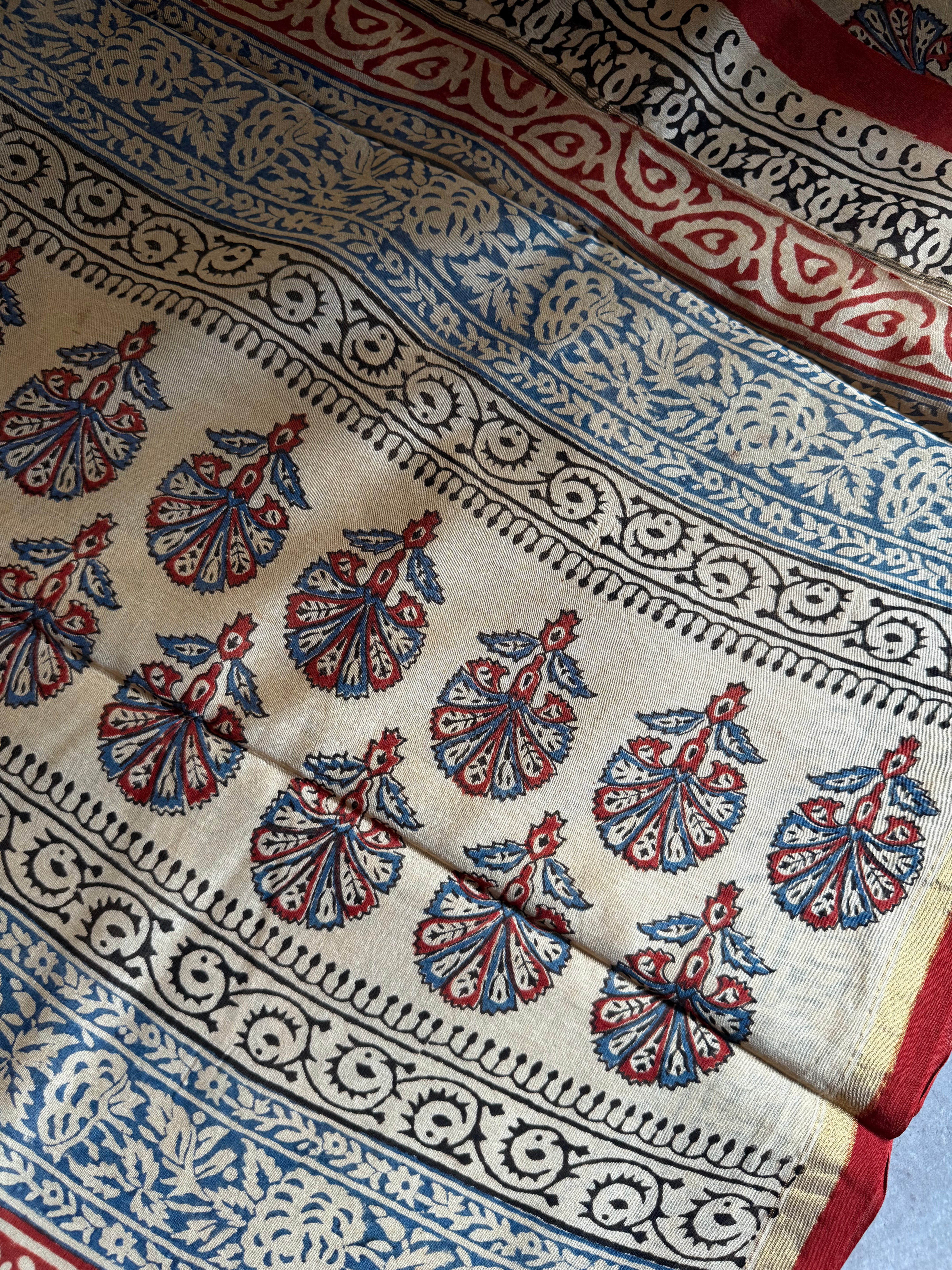 Chandrikaa | Beige and Red Block Printed Chanderi Saree