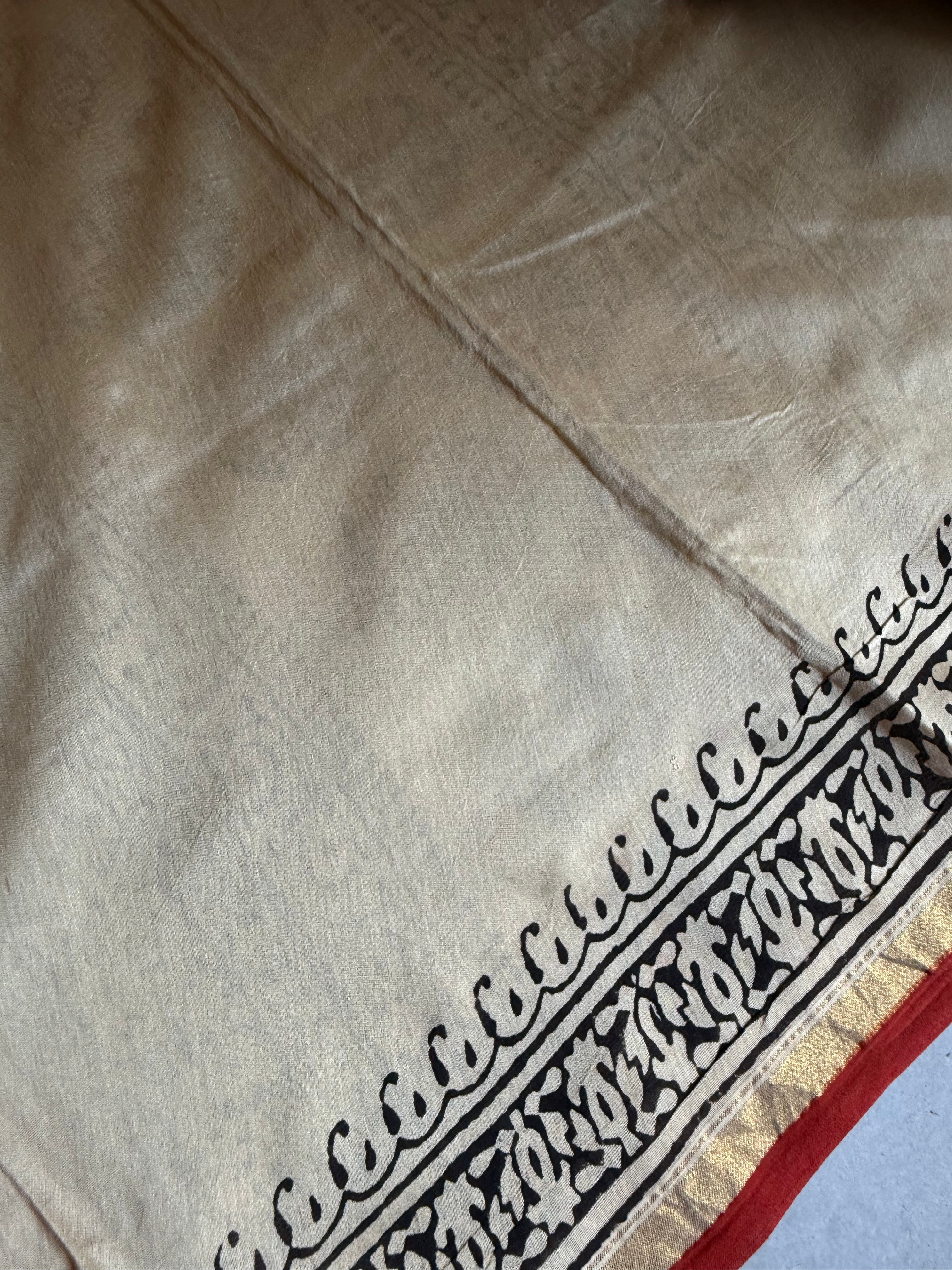 Chandrikaa | Beige and Red Block Printed Chanderi Saree