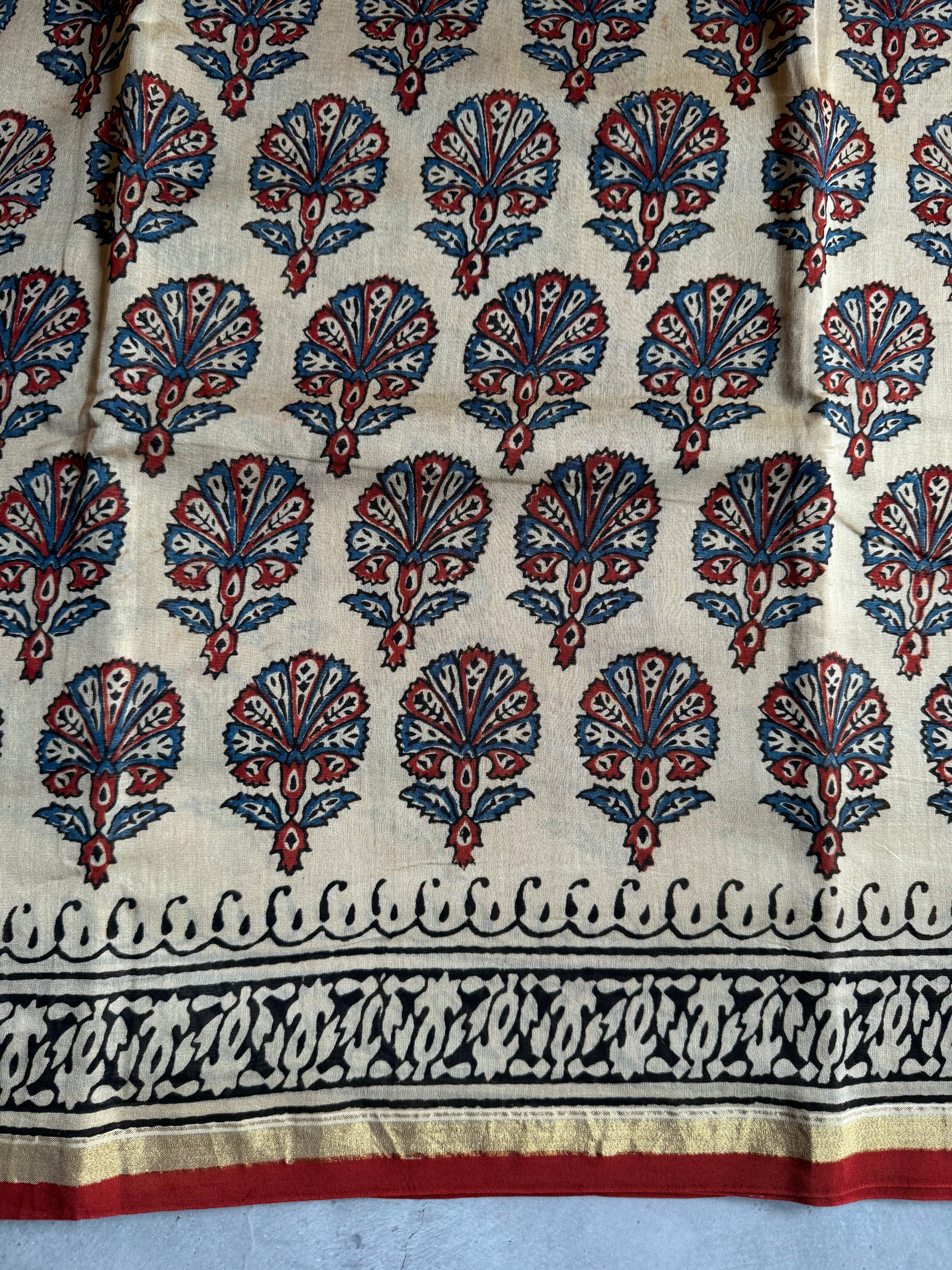 Chandrikaa | Beige and Red Block Printed Chanderi Saree