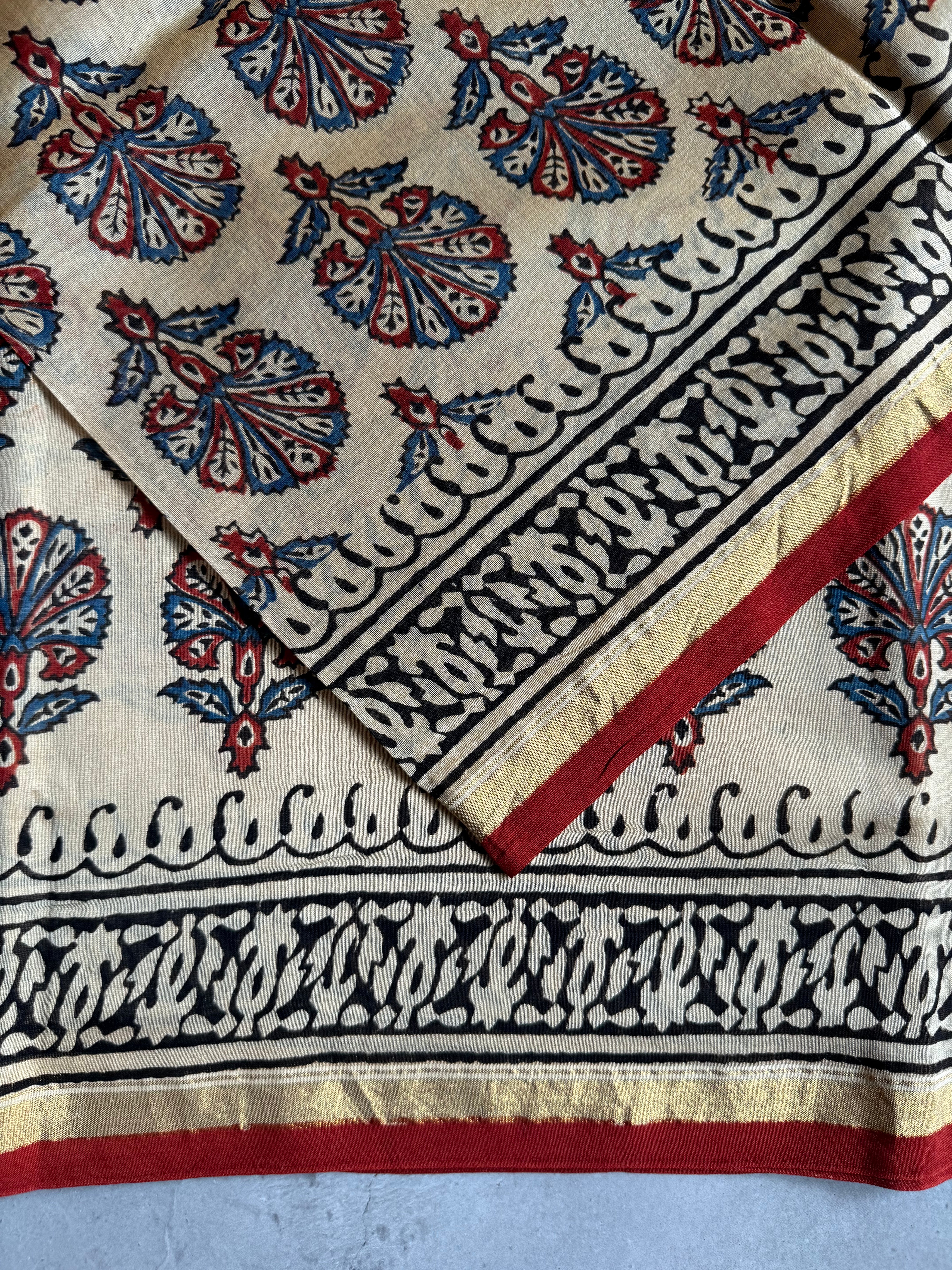 Chandrikaa | Beige and Red Block Printed Chanderi Saree