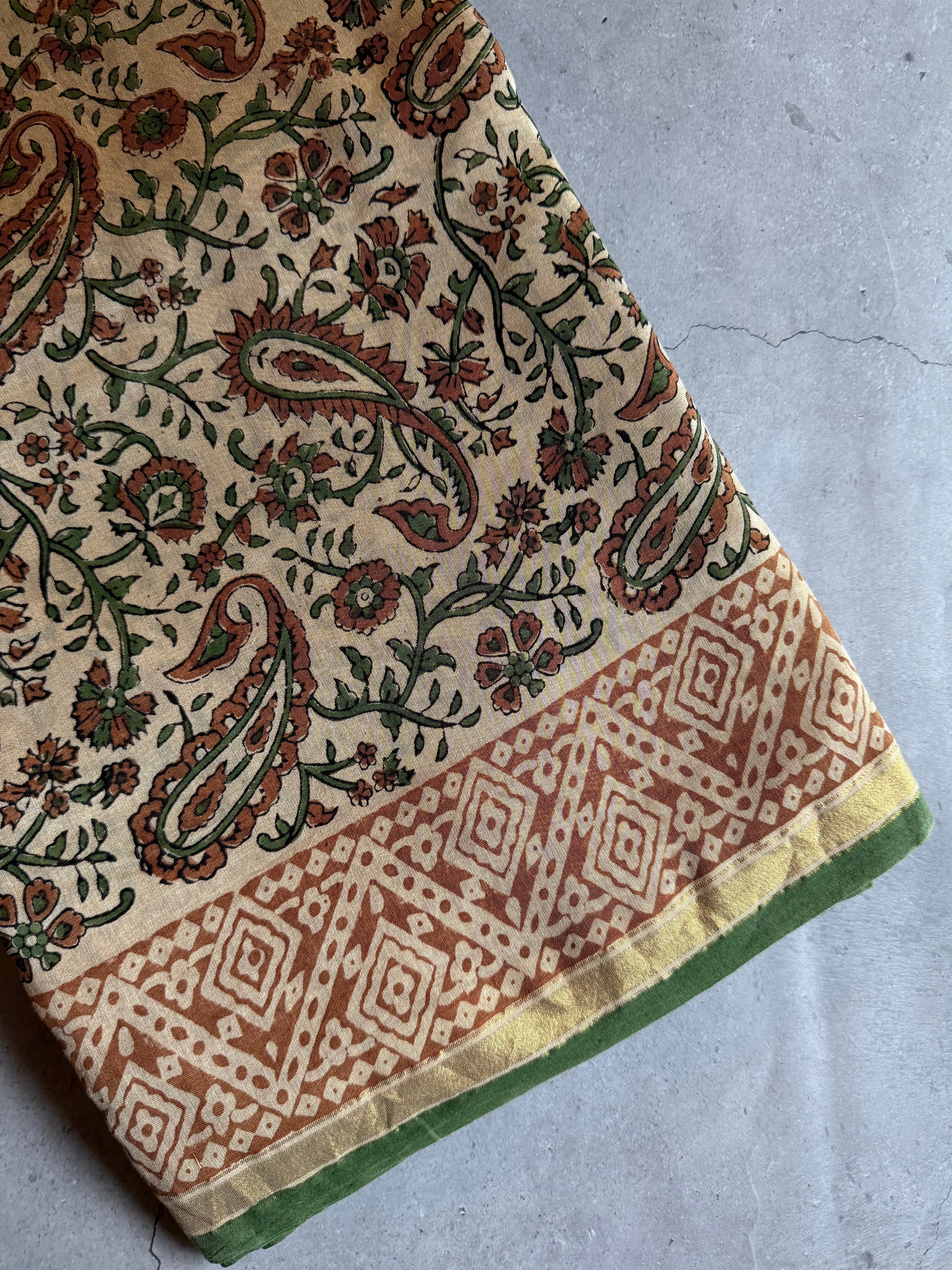 Rajinipriya | Beige and Green Block Printed Chanderi Saree