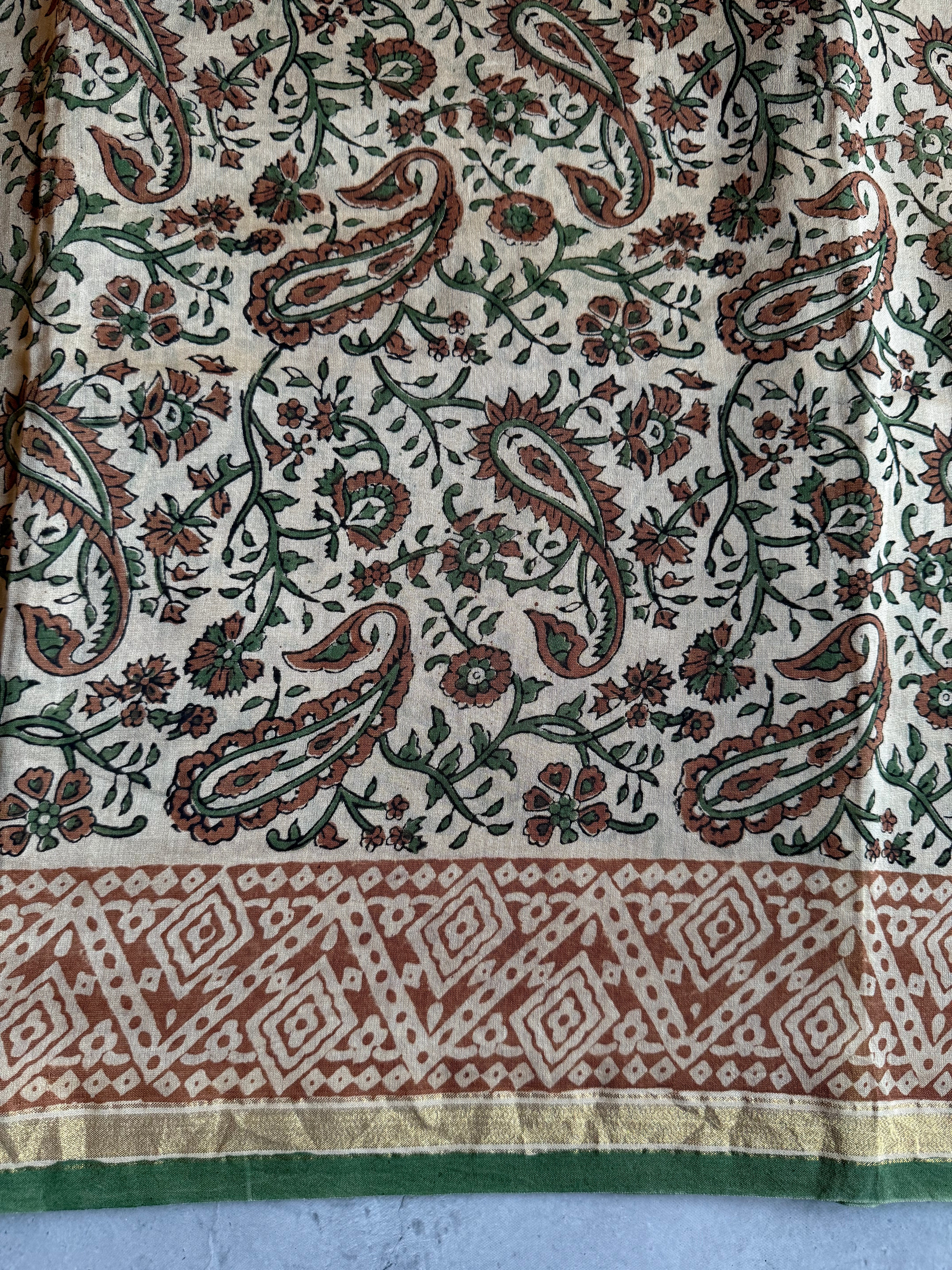 Rajinipriya | Beige and Green Block Printed Chanderi Saree