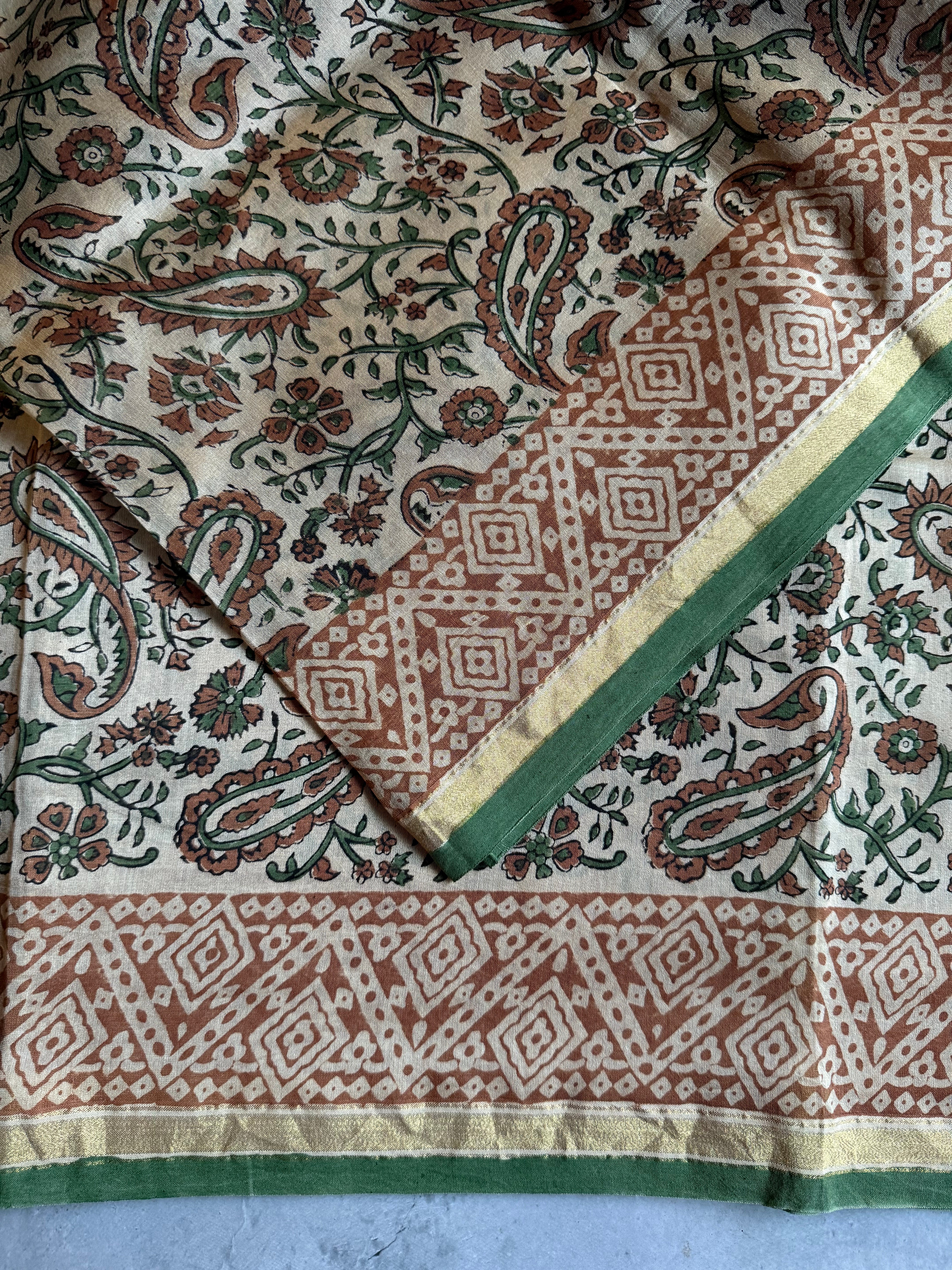 Rajinipriya | Beige and Green Block Printed Chanderi Saree