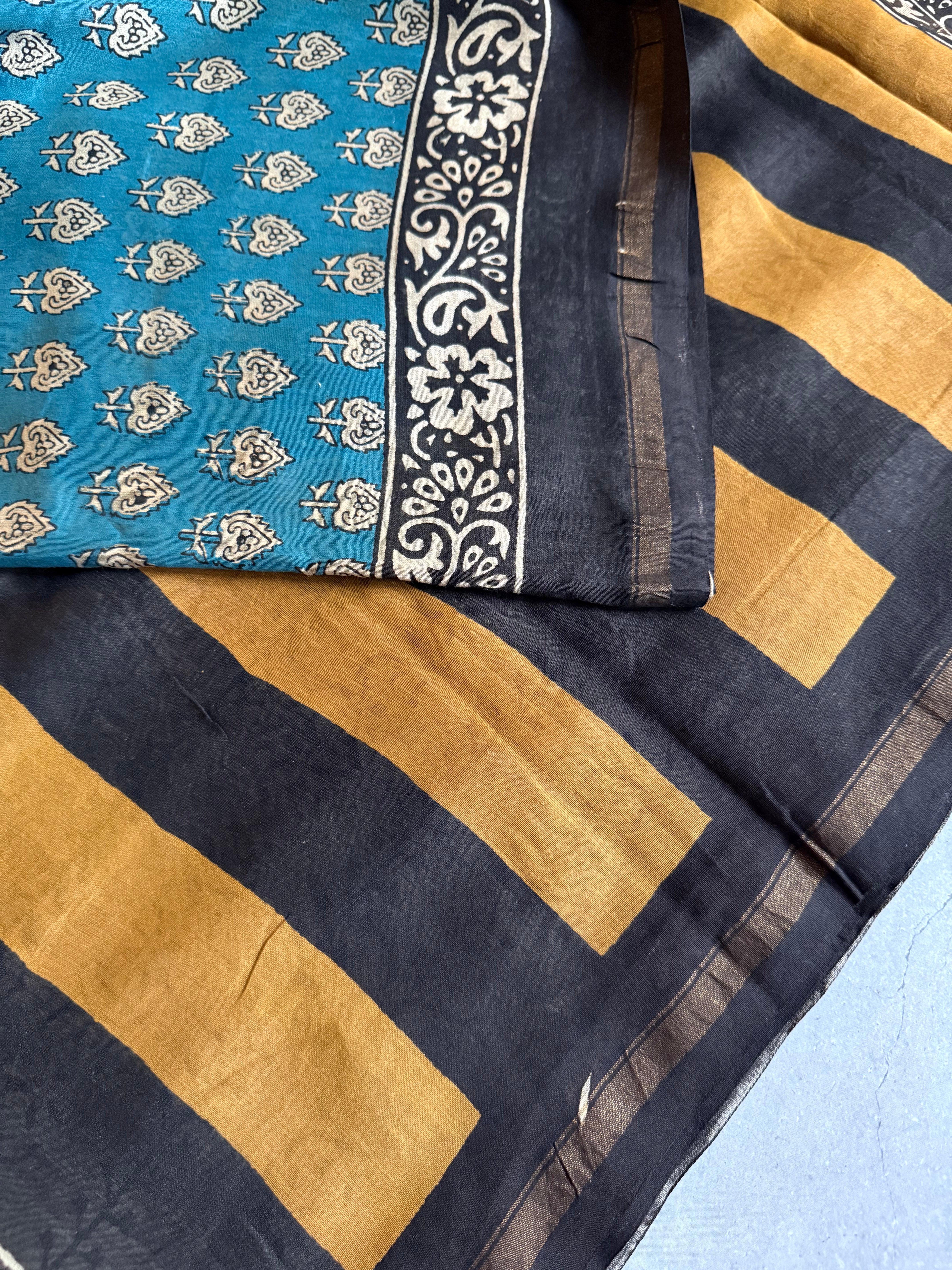 Sugandhika | Blue Block Printed Chanderi Saree