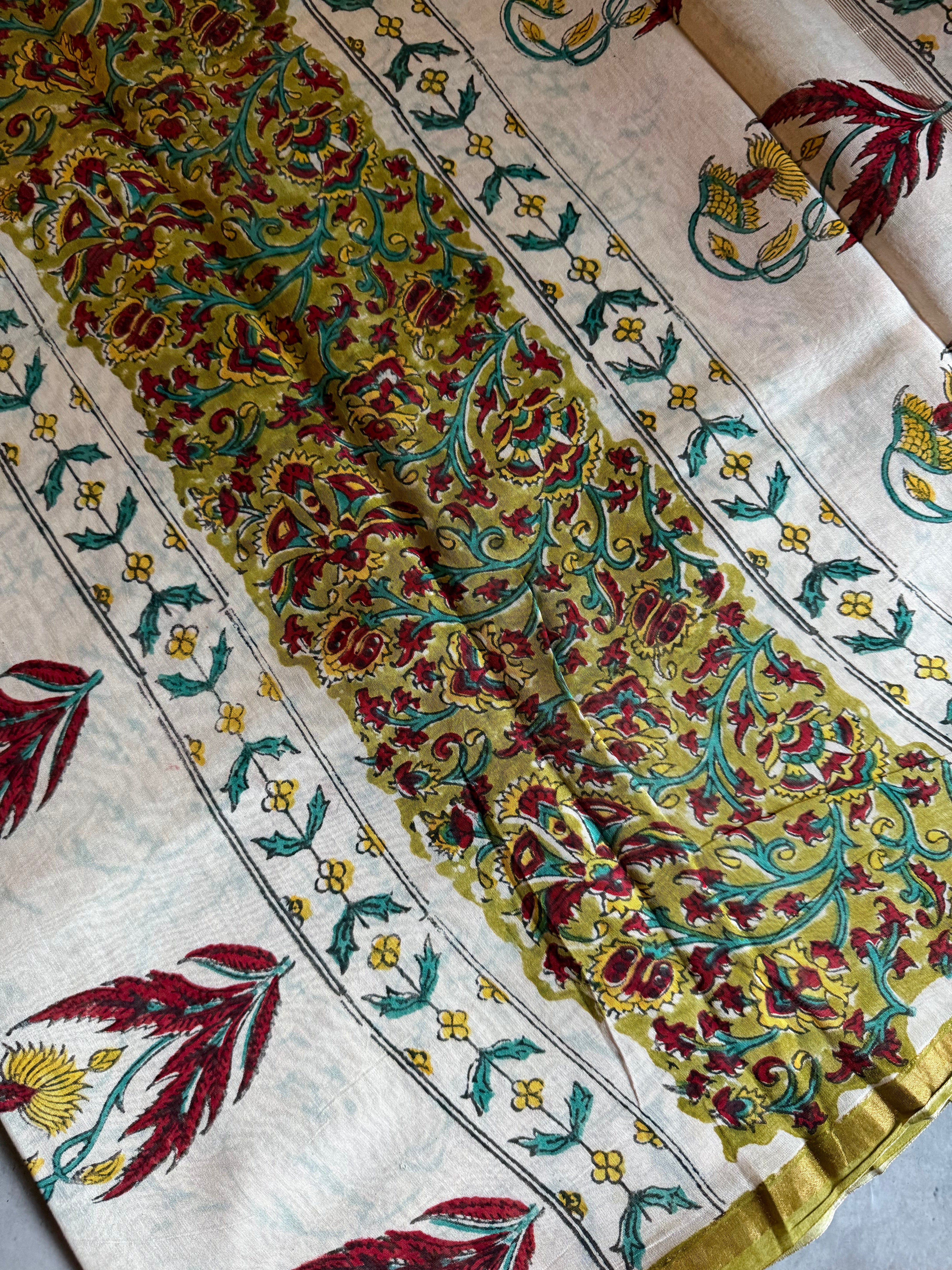 Mallika | Green Floral Block Printed Chanderi Saree