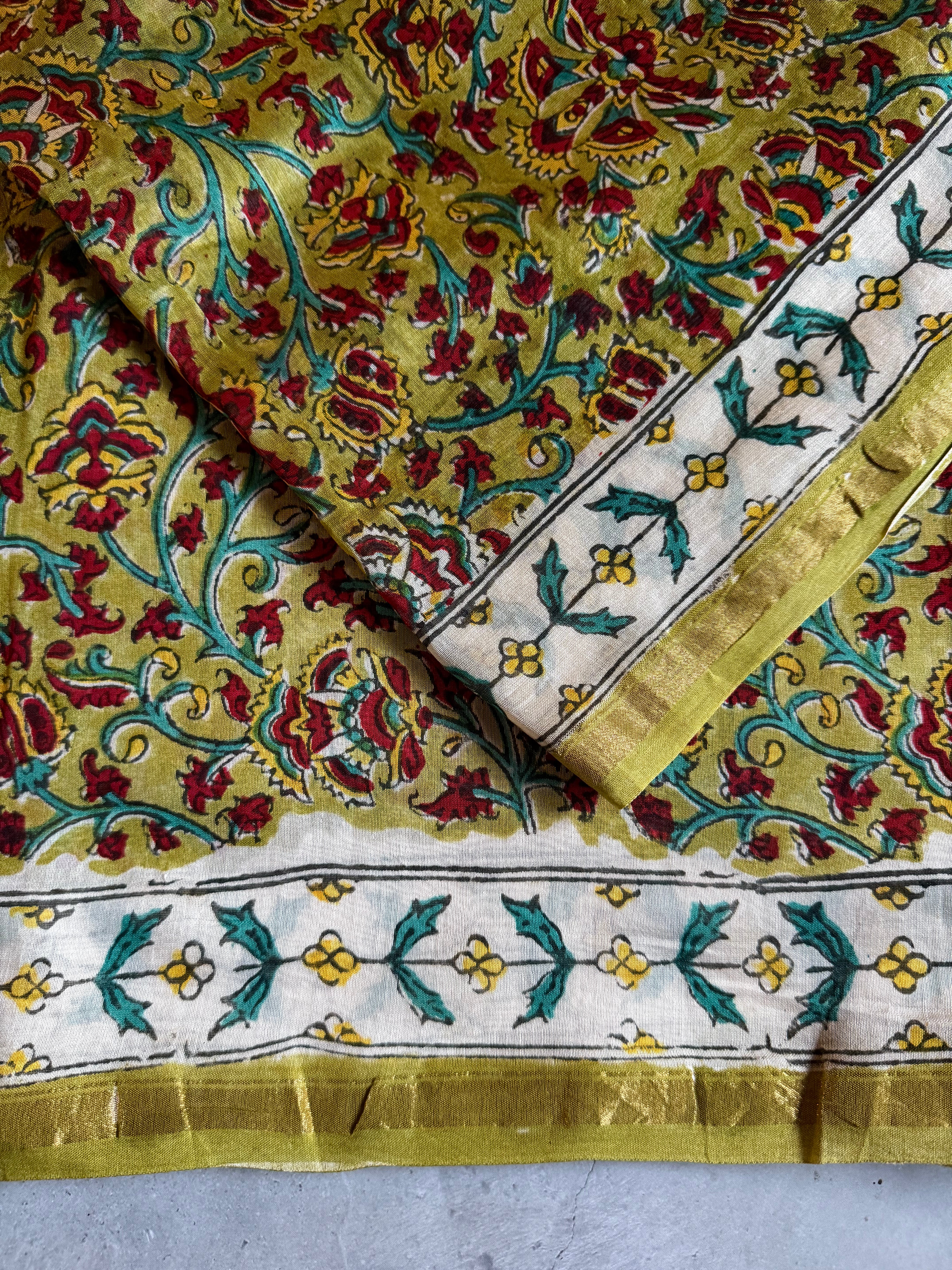 Mallika | Green Floral Block Printed Chanderi Saree