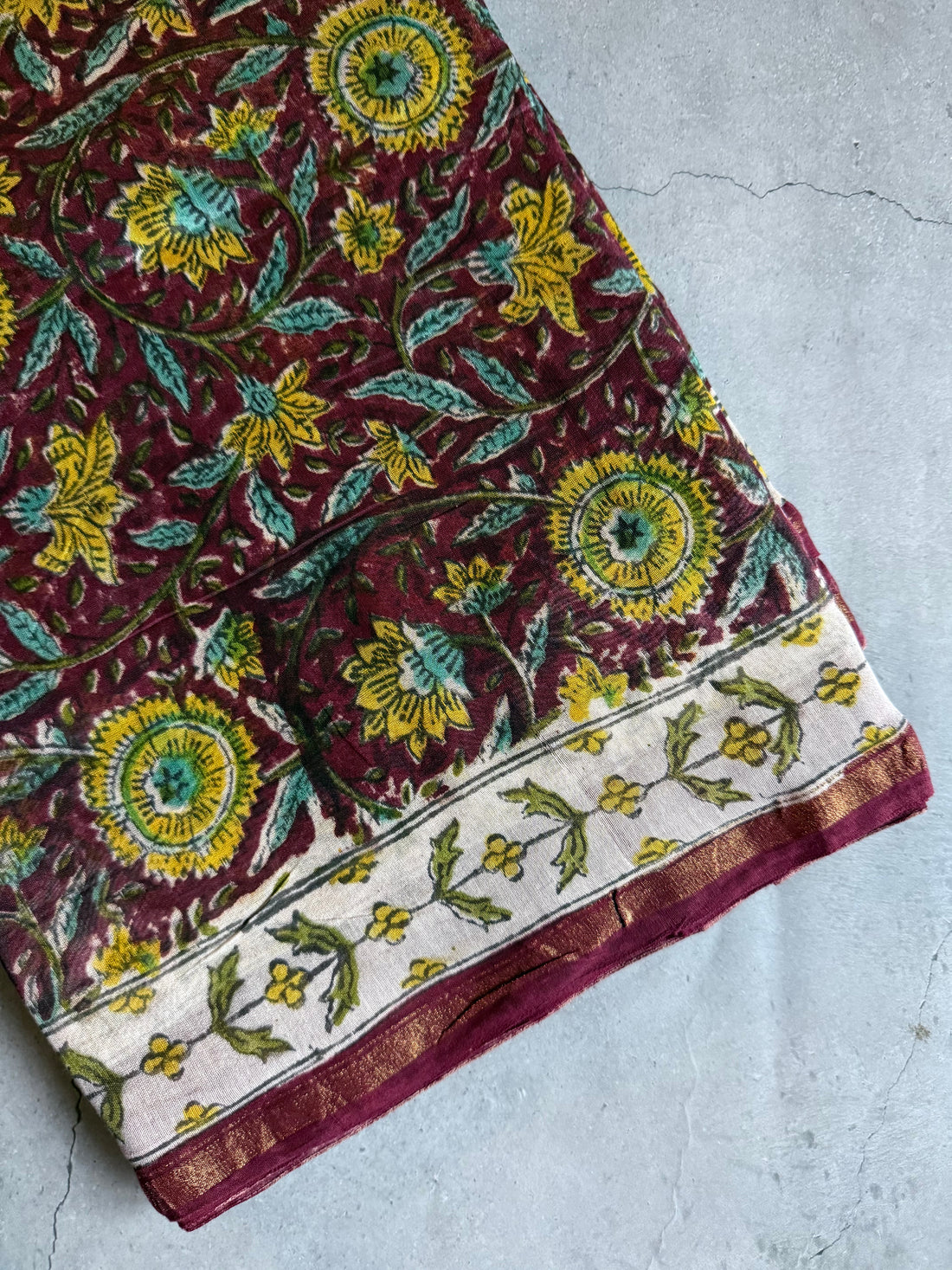 Kanagam | Maroon Floral Block Printed Chanderi Saree