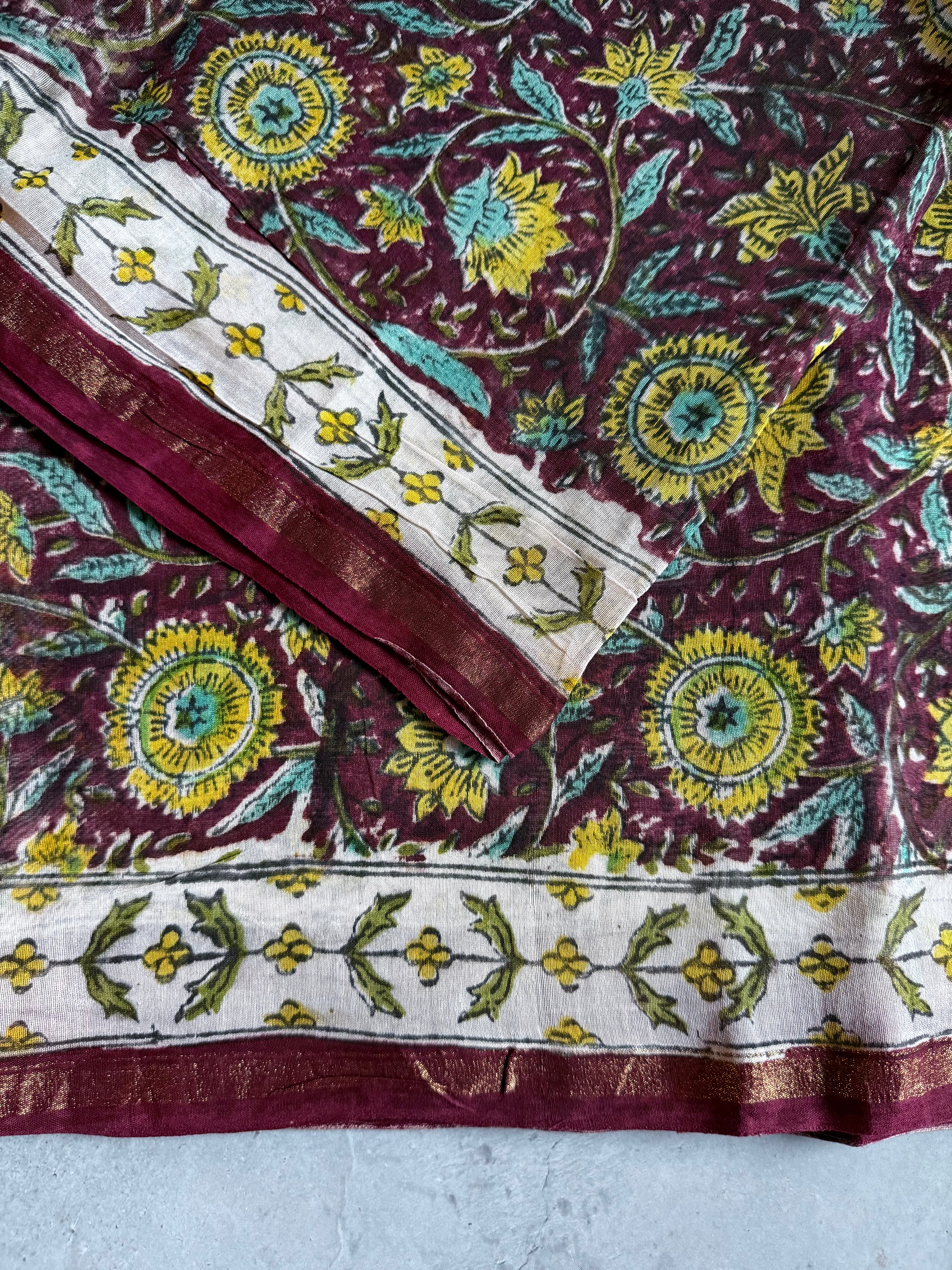 Kanagam | Maroon Floral Block Printed Chanderi Saree