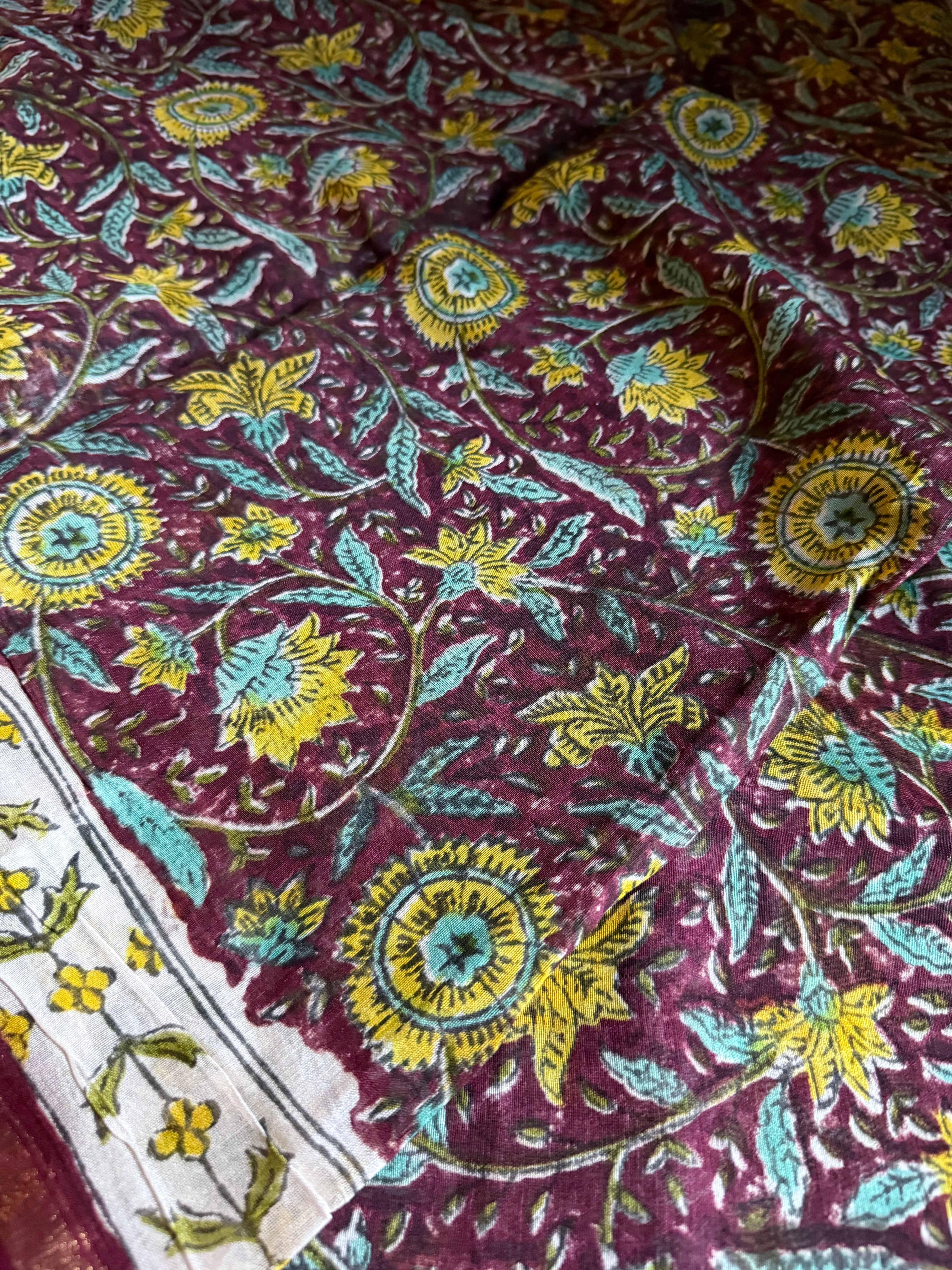 Kanagam | Maroon Floral Block Printed Chanderi Saree