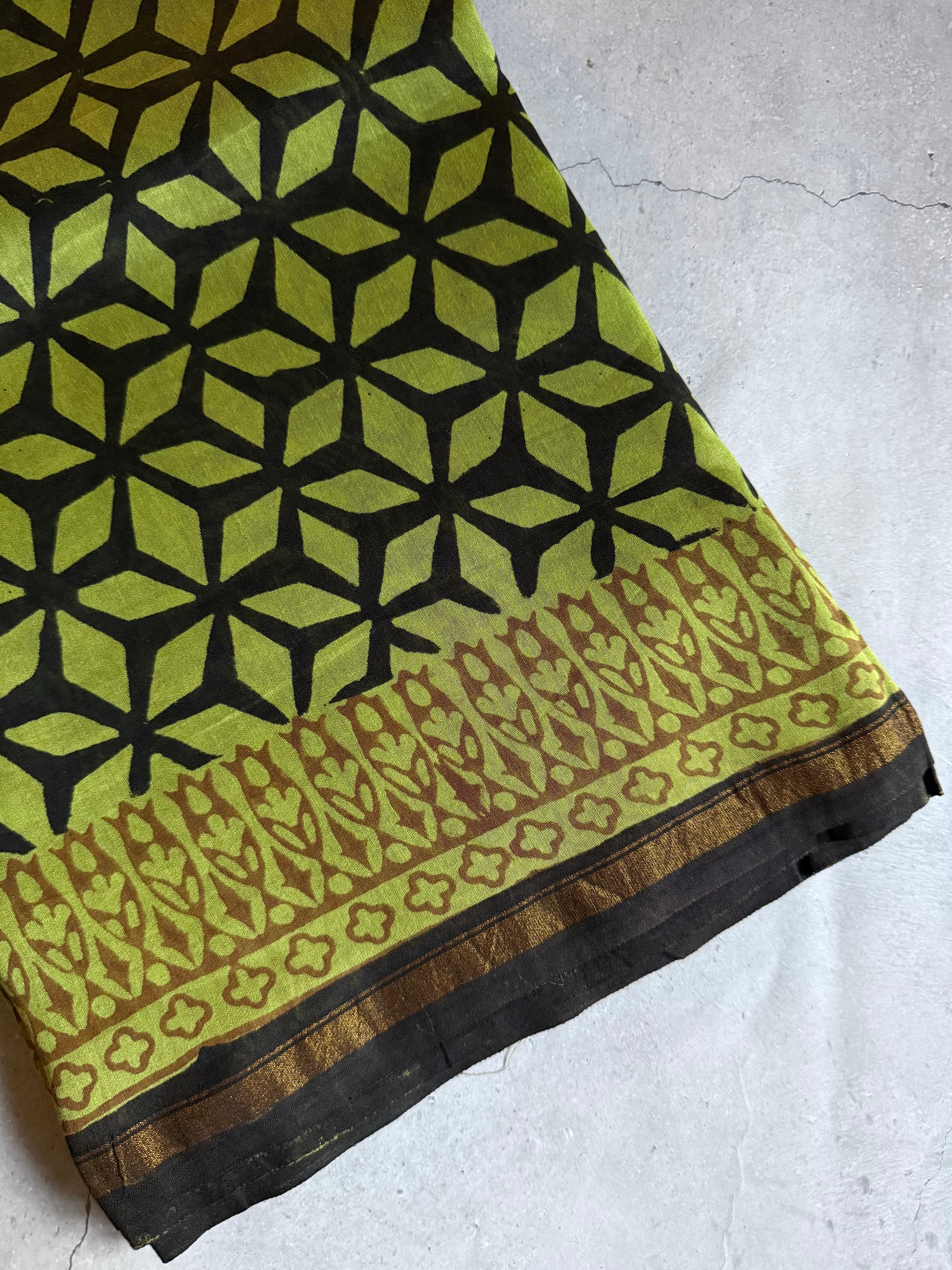 Tamrapushpa | Green and Black Block Printed Chanderi Saree