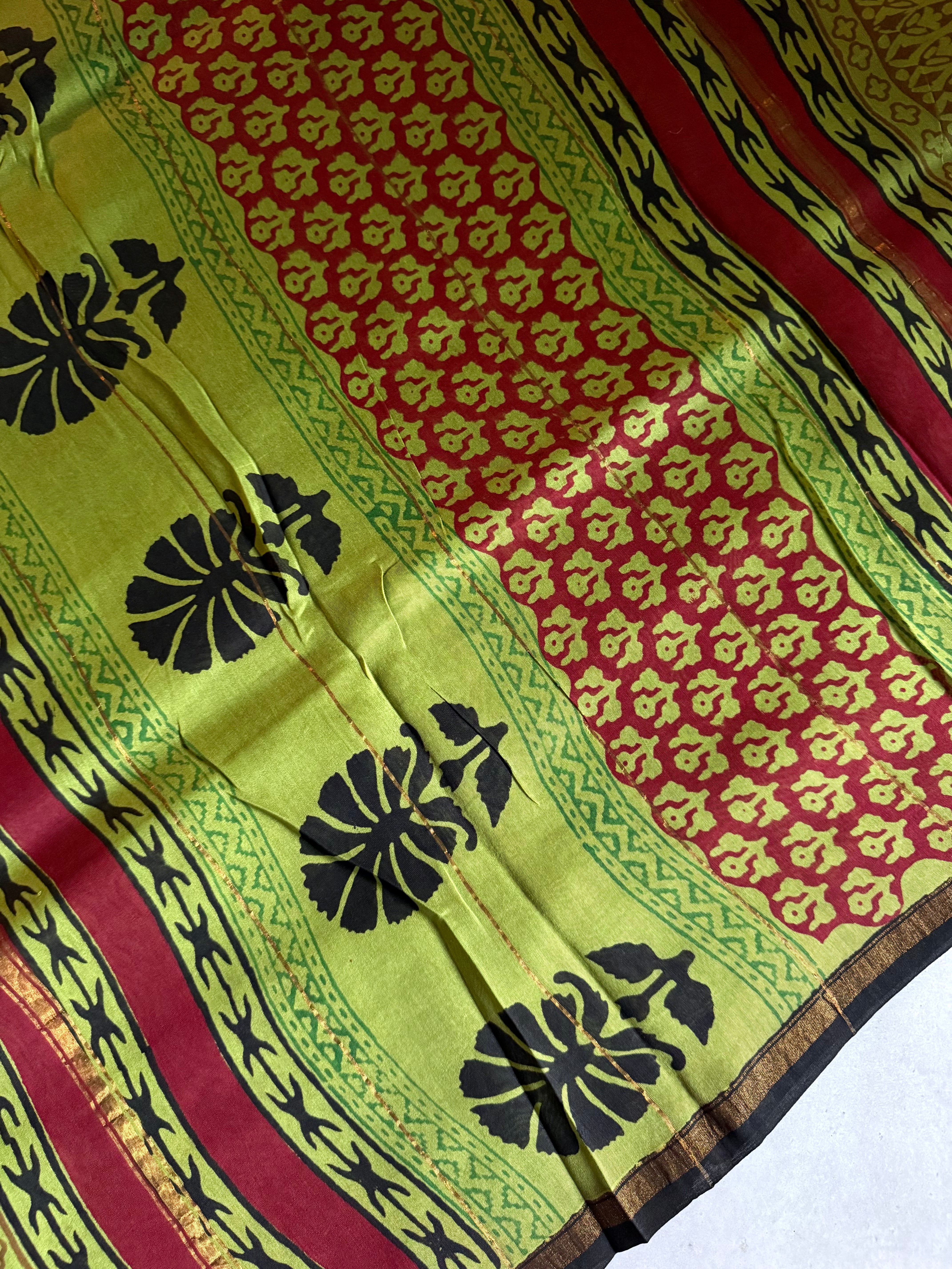 Tamrapushpa | Green and Black Block Printed Chanderi Saree