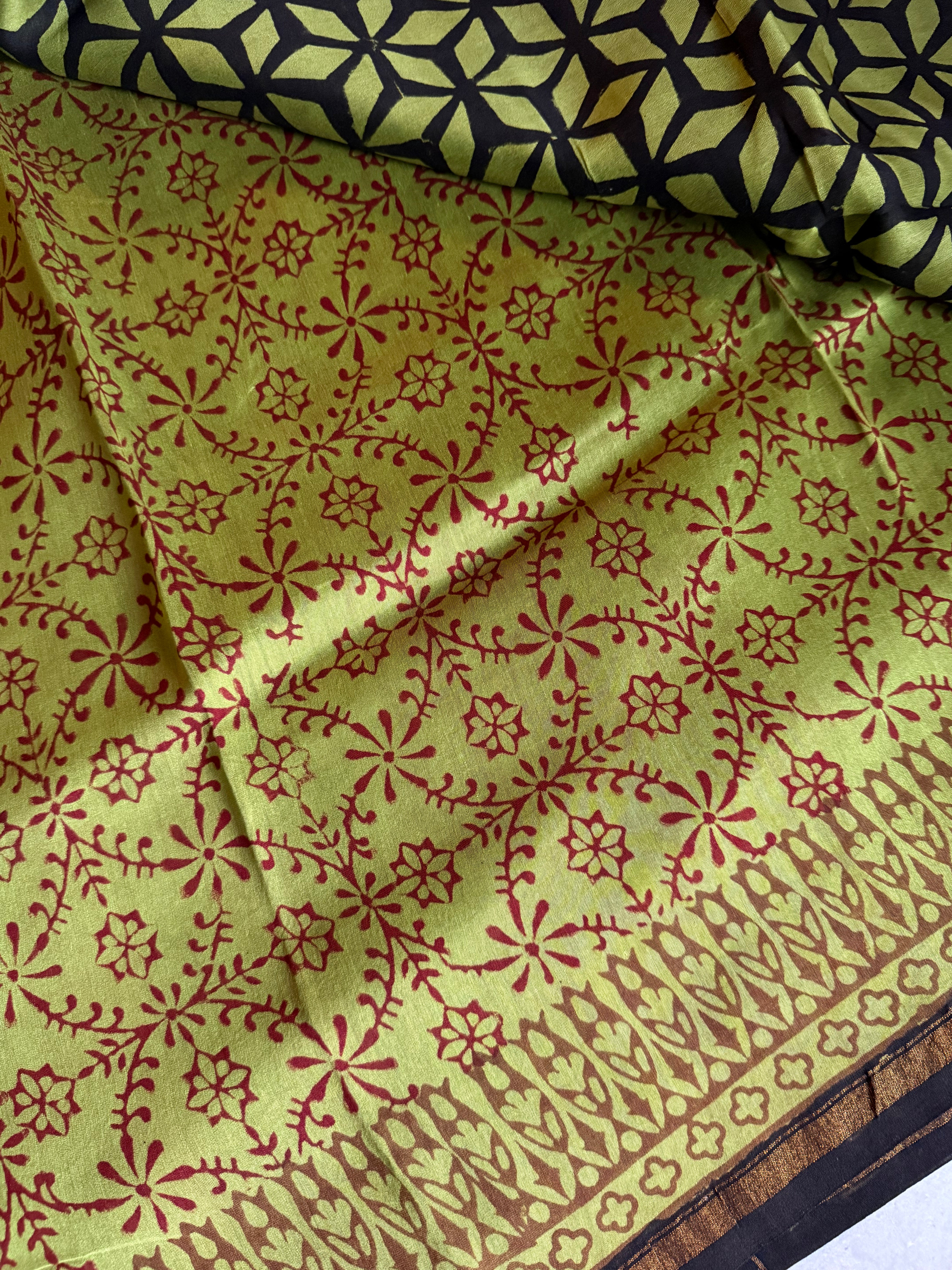 Tamrapushpa | Green and Black Block Printed Chanderi Saree