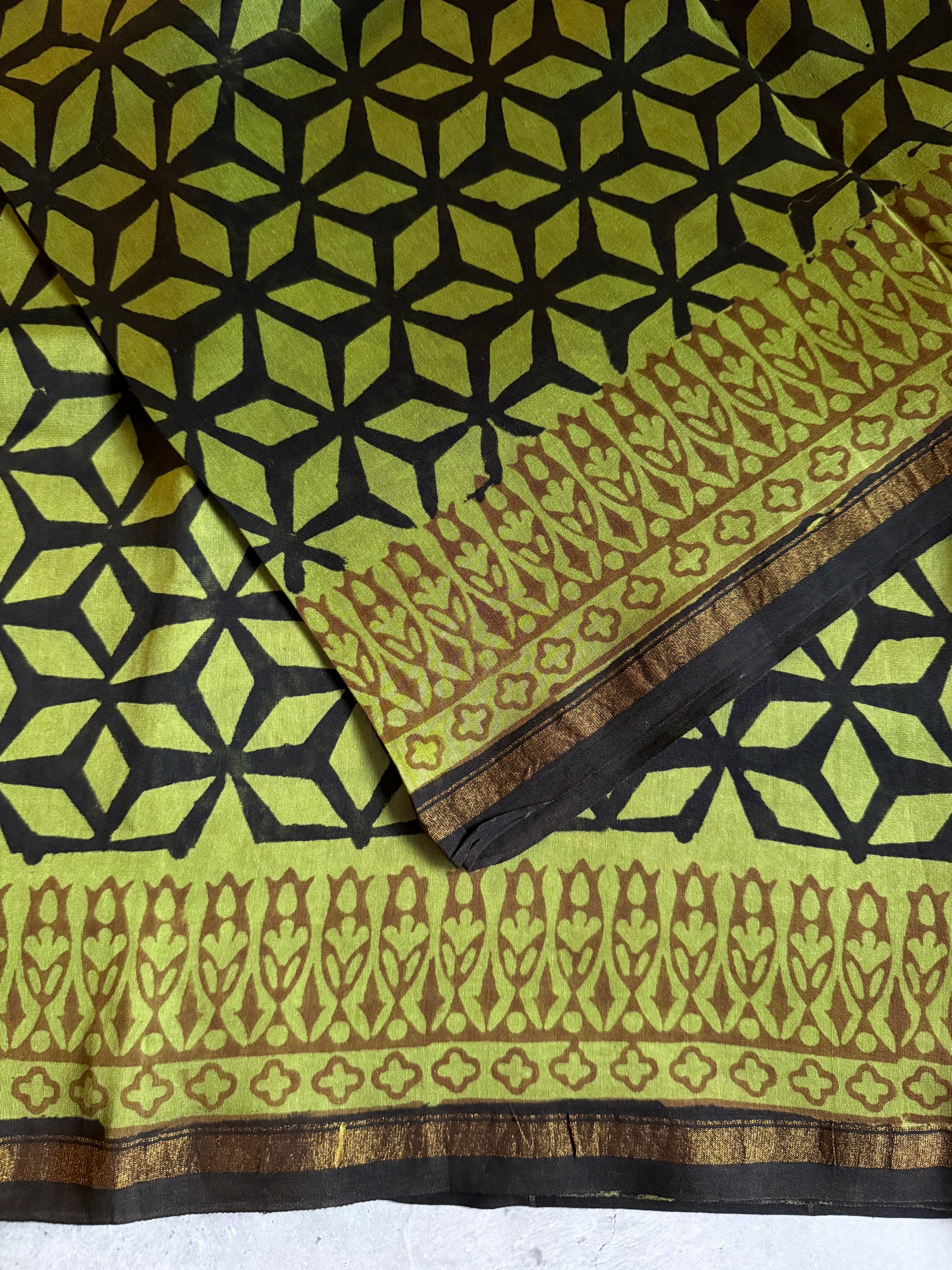 Tamrapushpa | Green and Black Block Printed Chanderi Saree