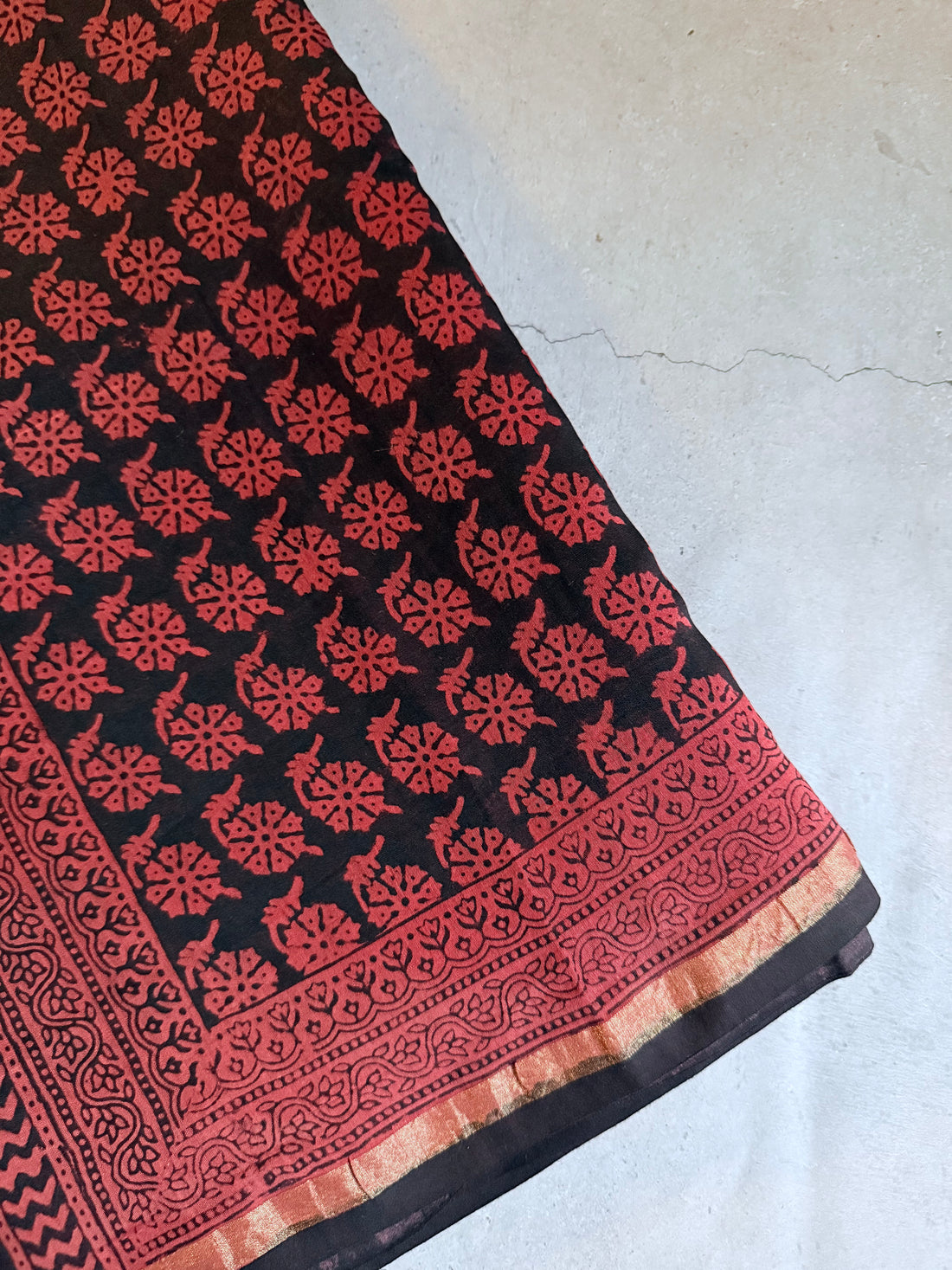 Vaanaja | Brick Red and Black Bhag Printed Chanderi Saree