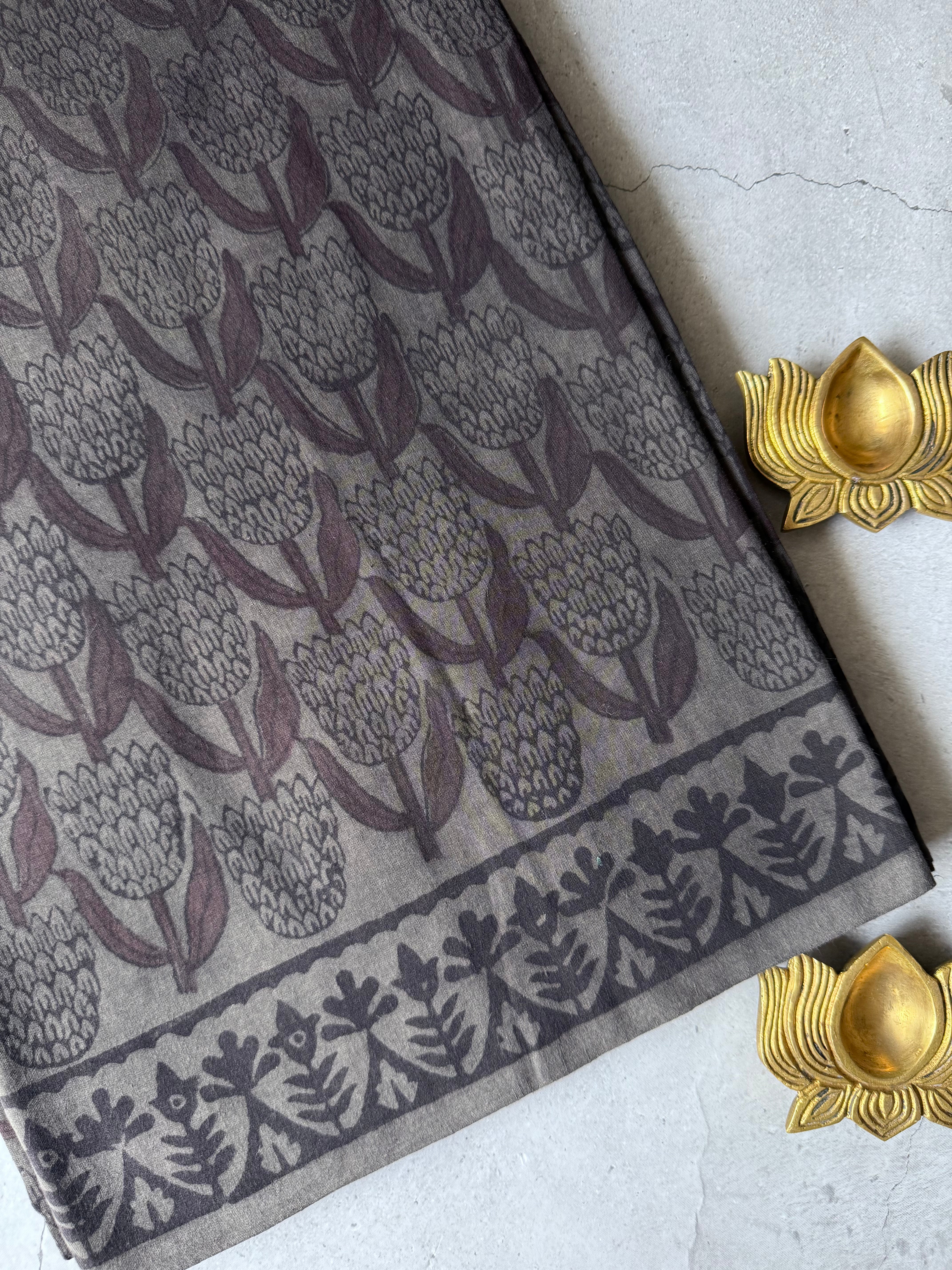 Manika | Grey and Brown Block Printed Mul Cotton Saree