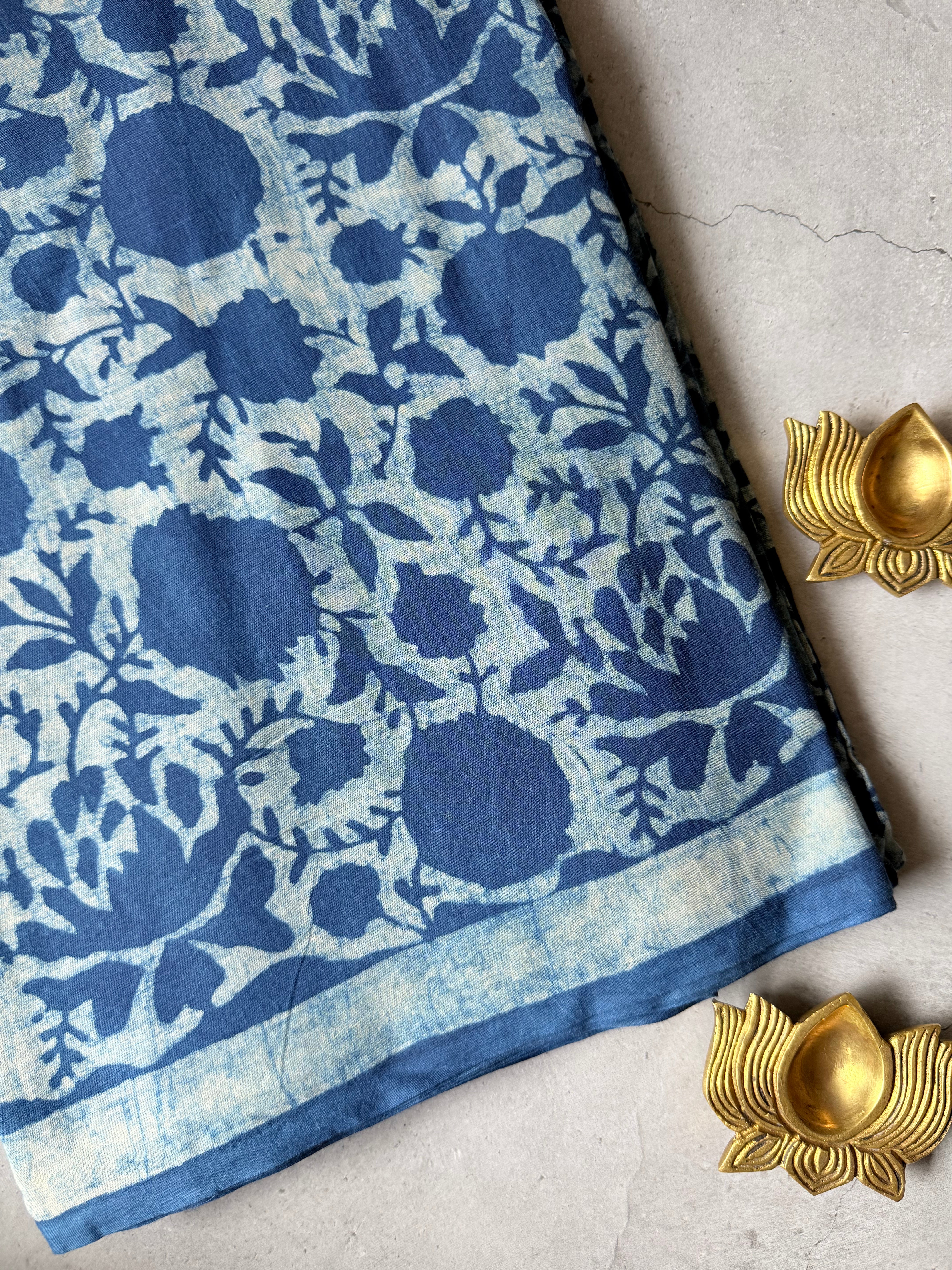 Utsava | Indigo Block Printed Mul Cotton Saree