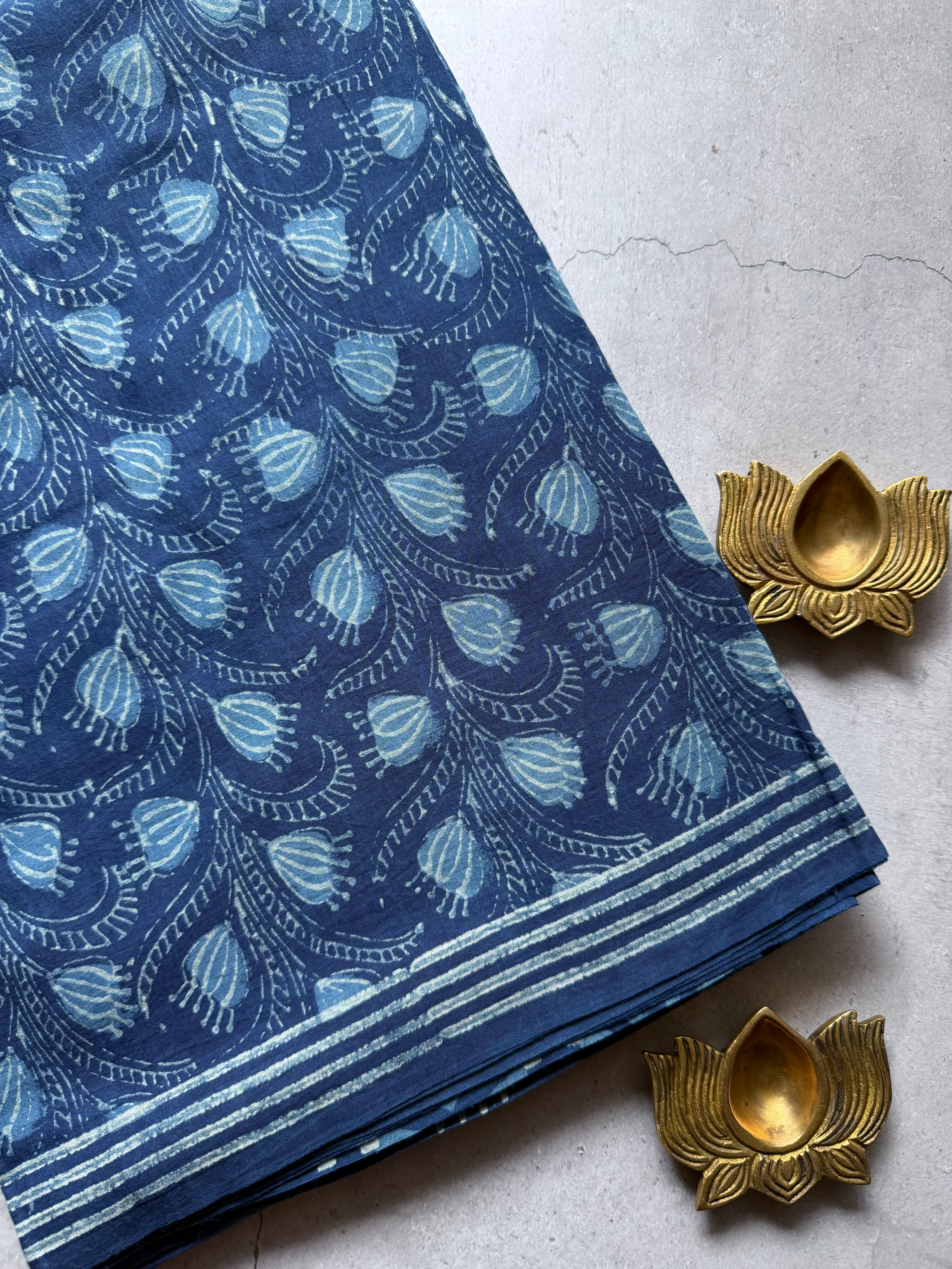 Stambika | Indigo Block Printed Mul Cotton Saree