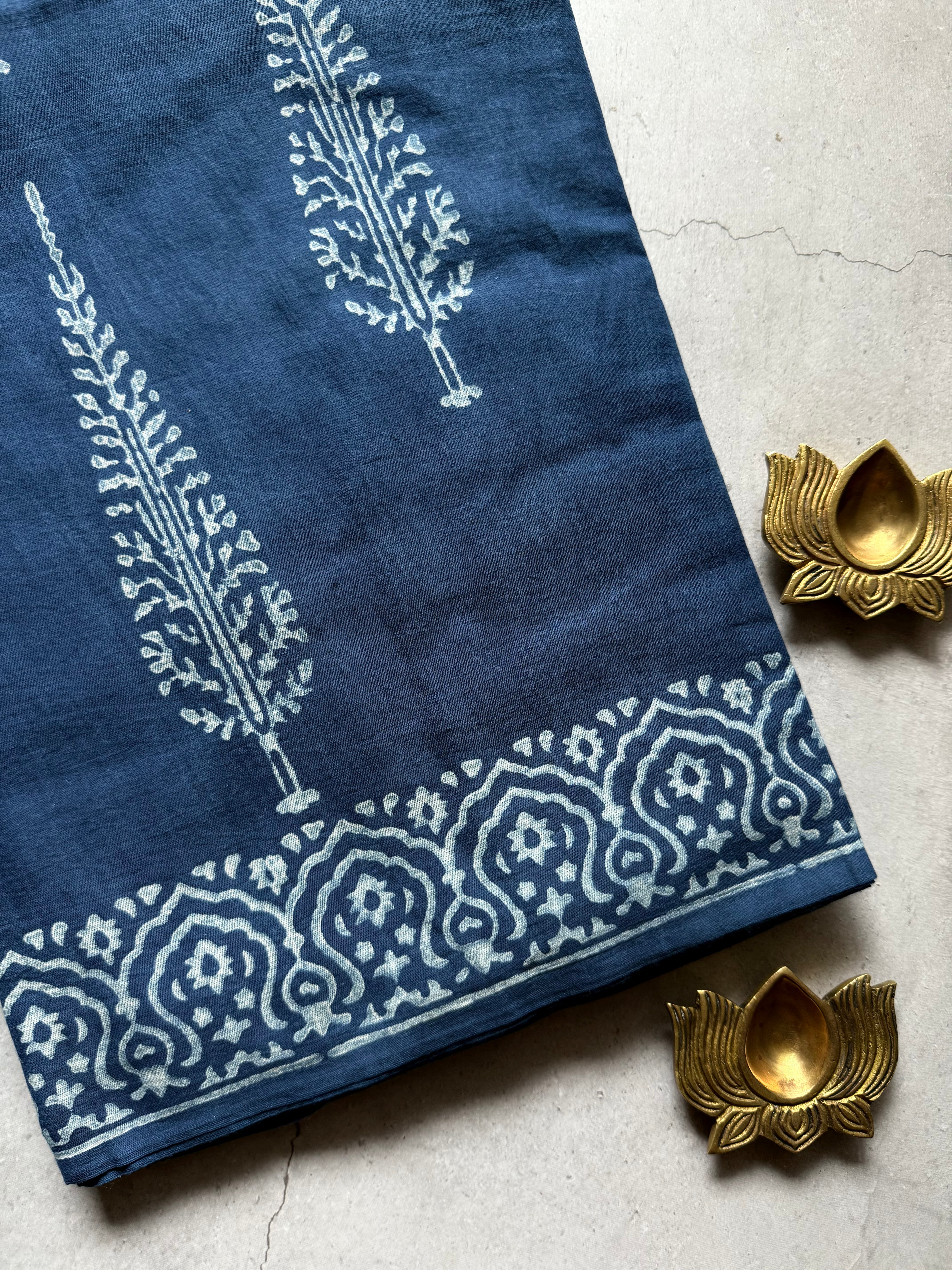 Kamal | Indigo Block Printed Mul Cotton Saree