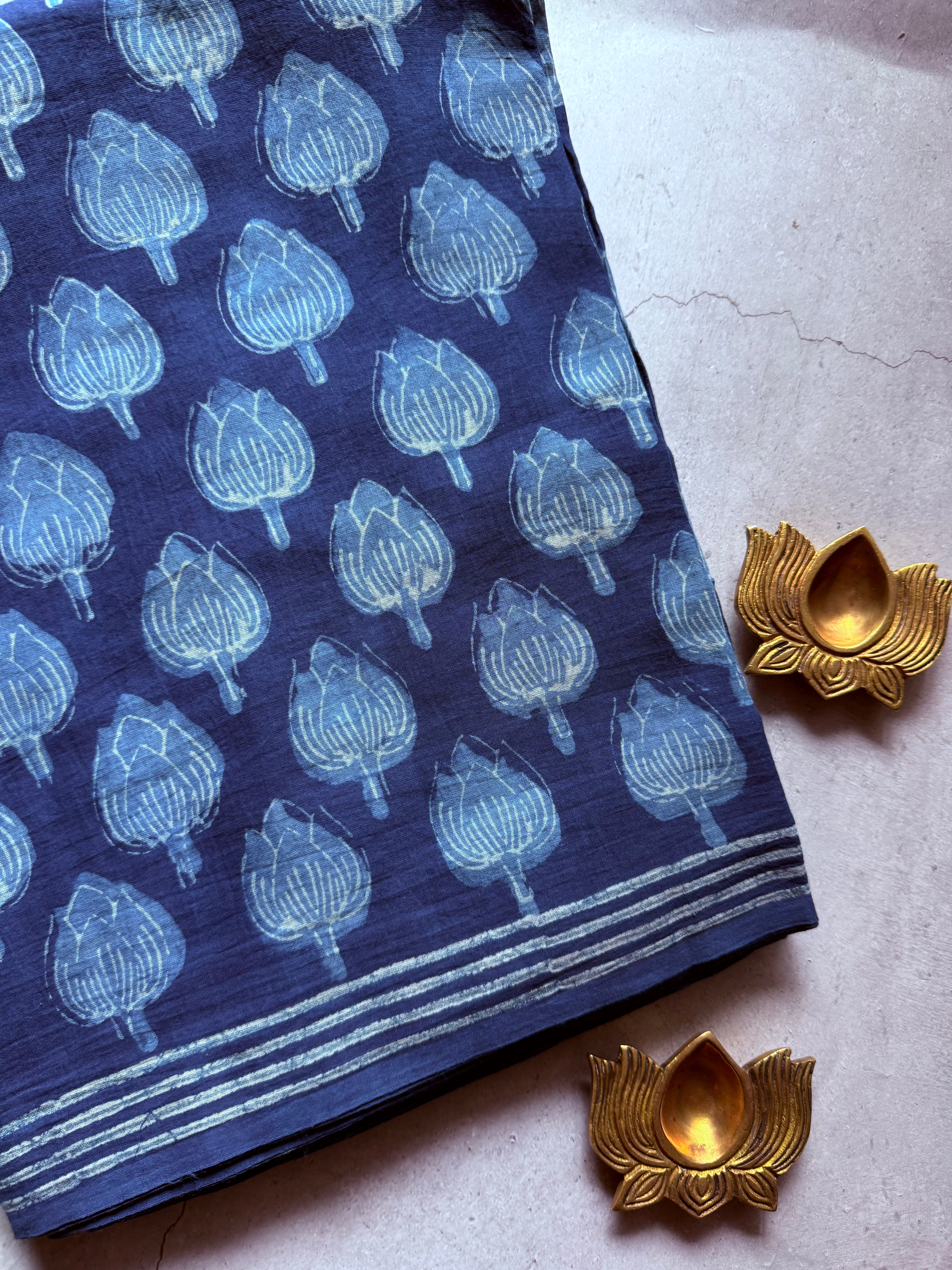 Alankarini | Indigo Block Printed Mul Cotton Saree