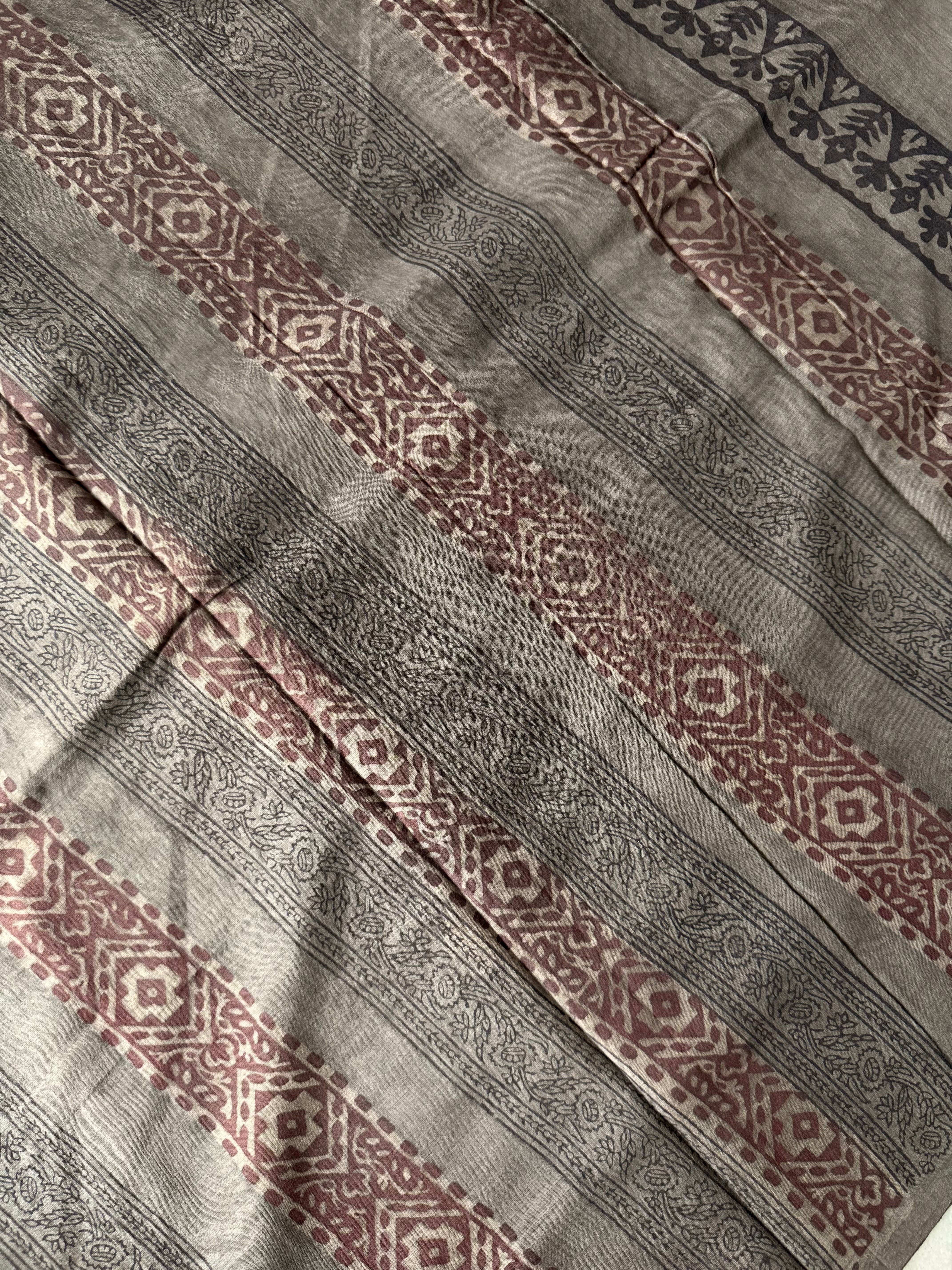 Manika | Grey and Brown Block Printed Mul Cotton Saree