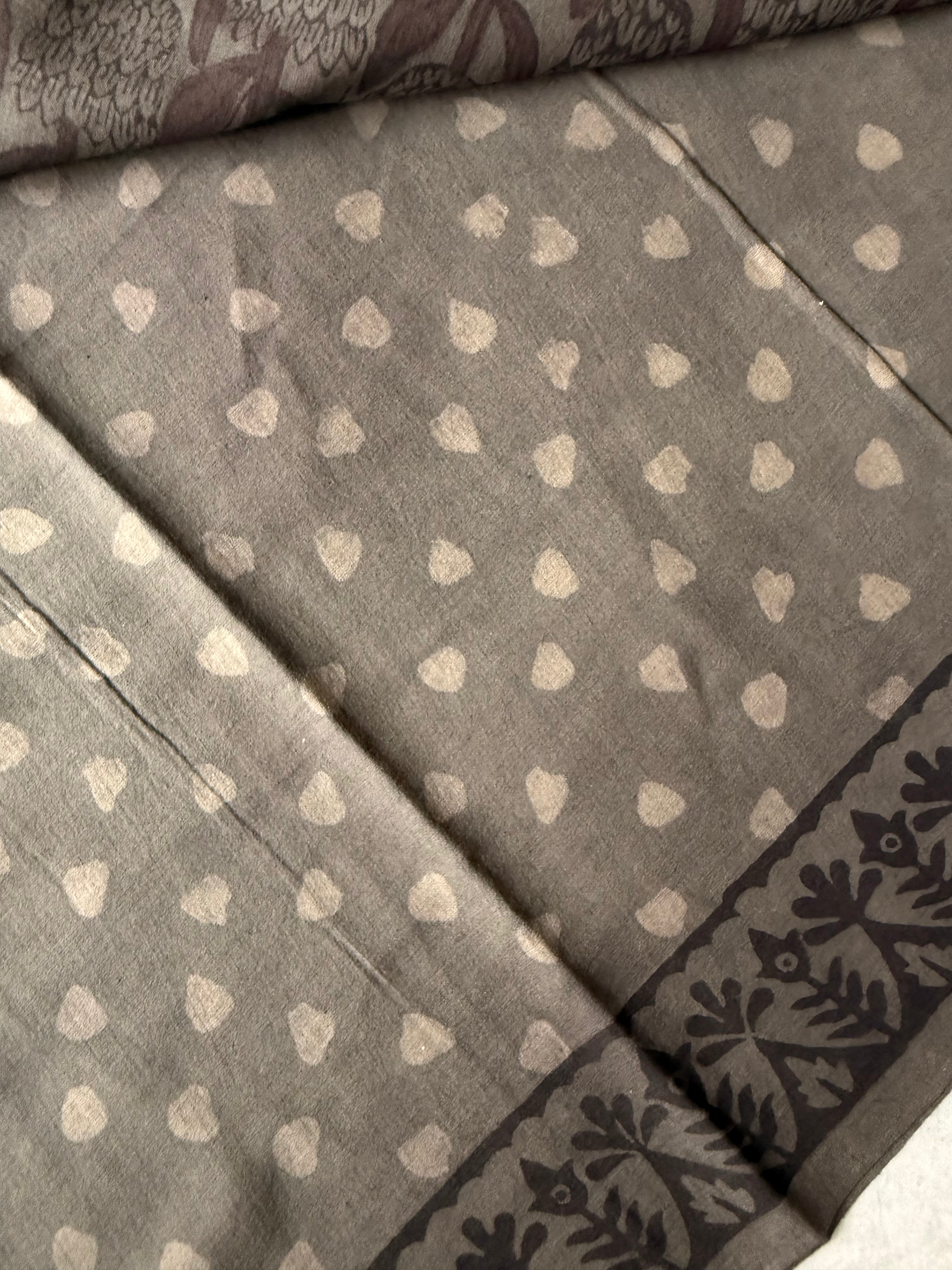 Manika | Grey and Brown Block Printed Mul Cotton Saree