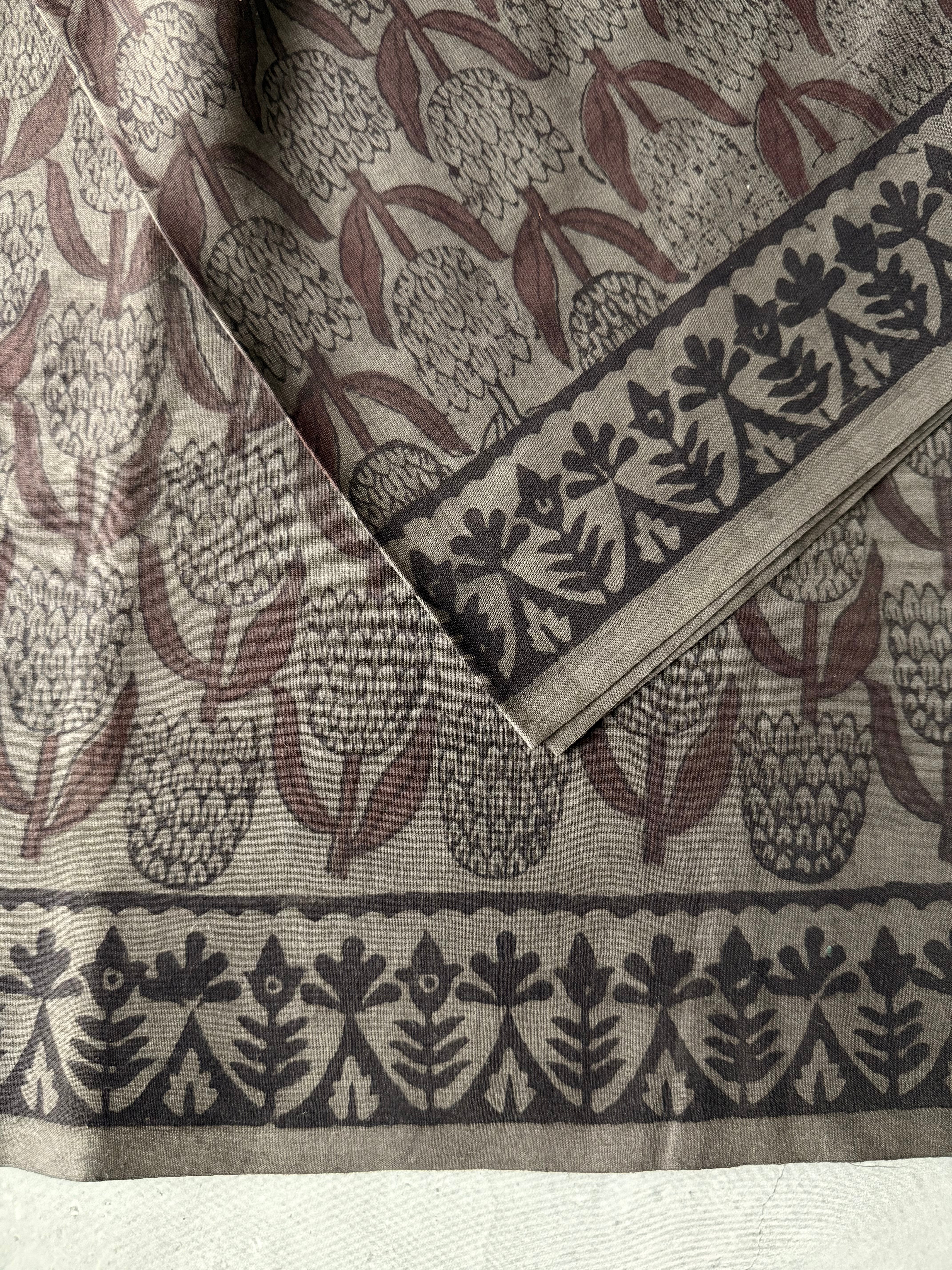 Manika | Grey and Brown Block Printed Mul Cotton Saree