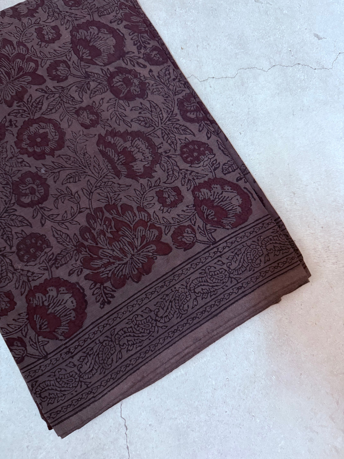 Kankana | Grey and Brown Block Printed Mul Cotton Saree