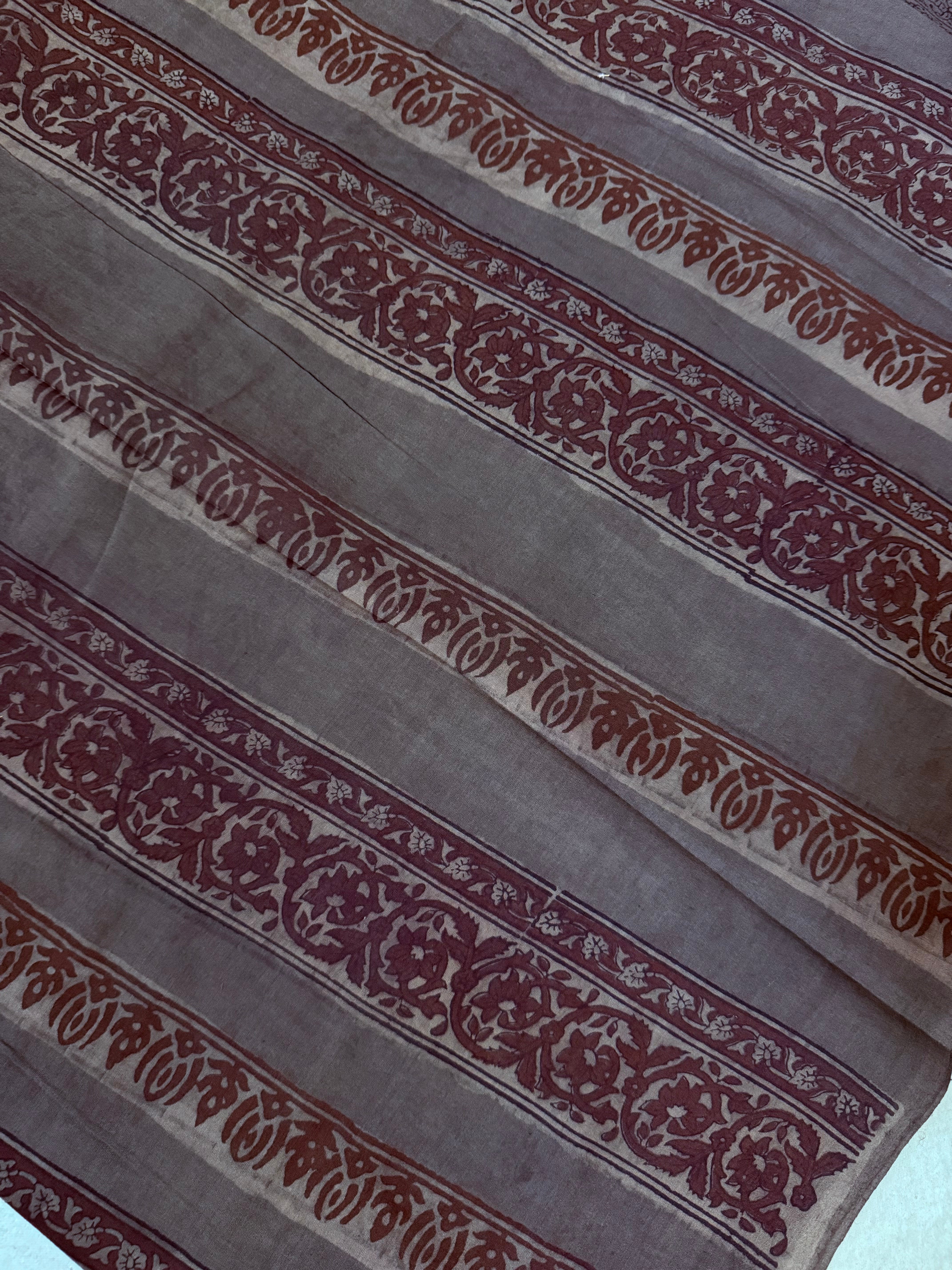 Kankana | Grey and Brown Block Printed Mul Cotton Saree