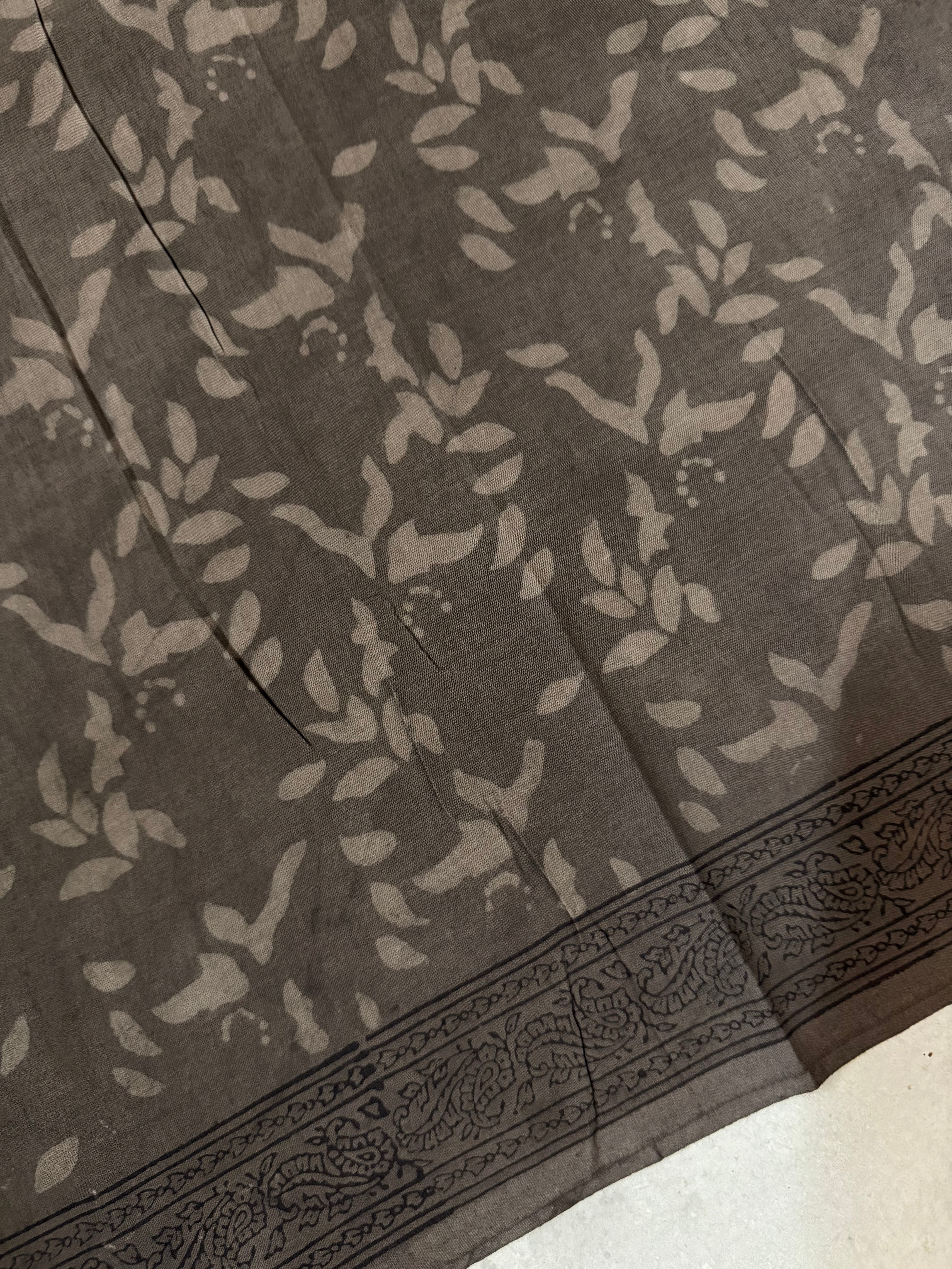 Kankana | Grey and Brown Block Printed Mul Cotton Saree
