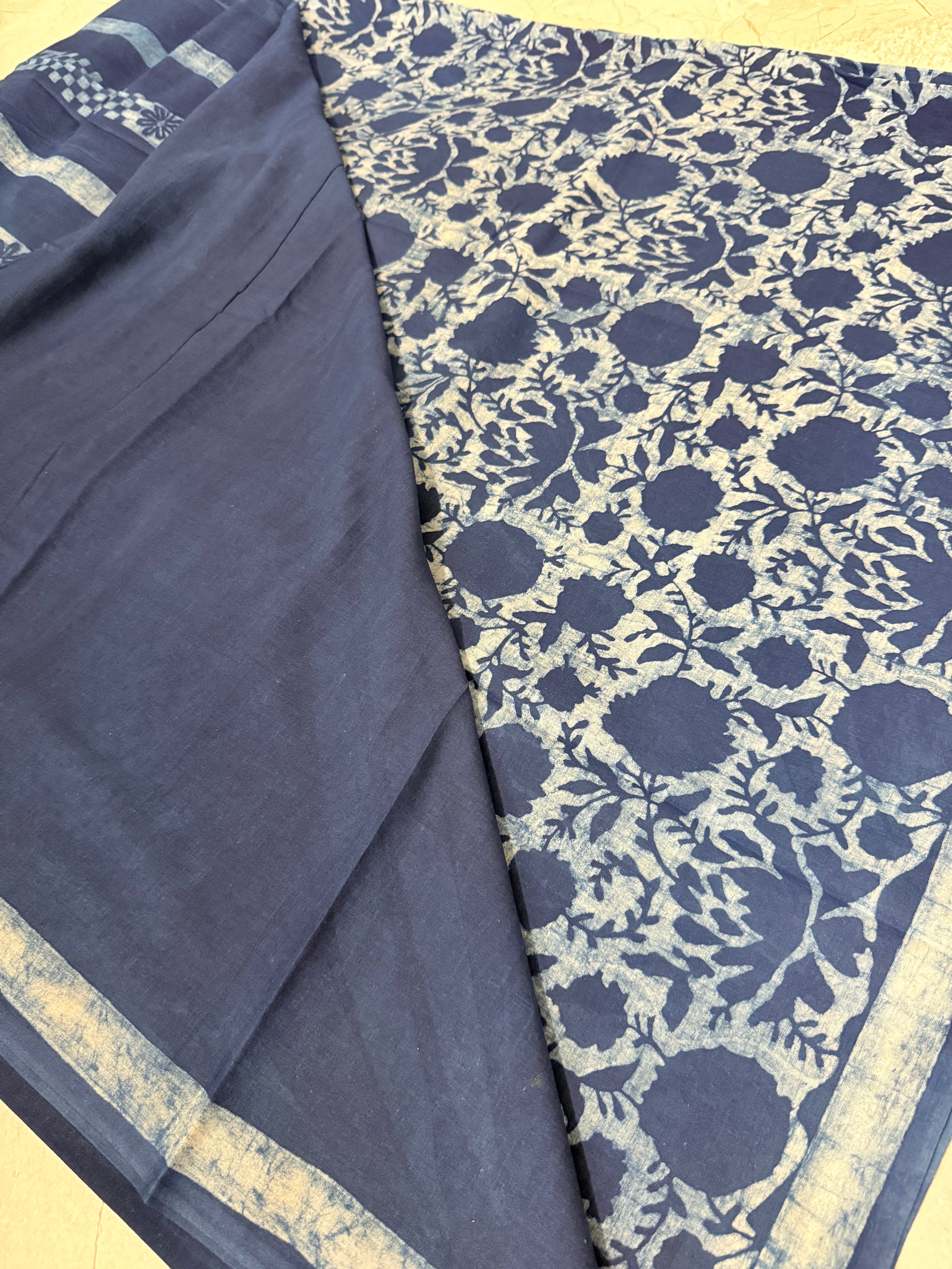 Utsava | Indigo Block Printed Mul Cotton Saree