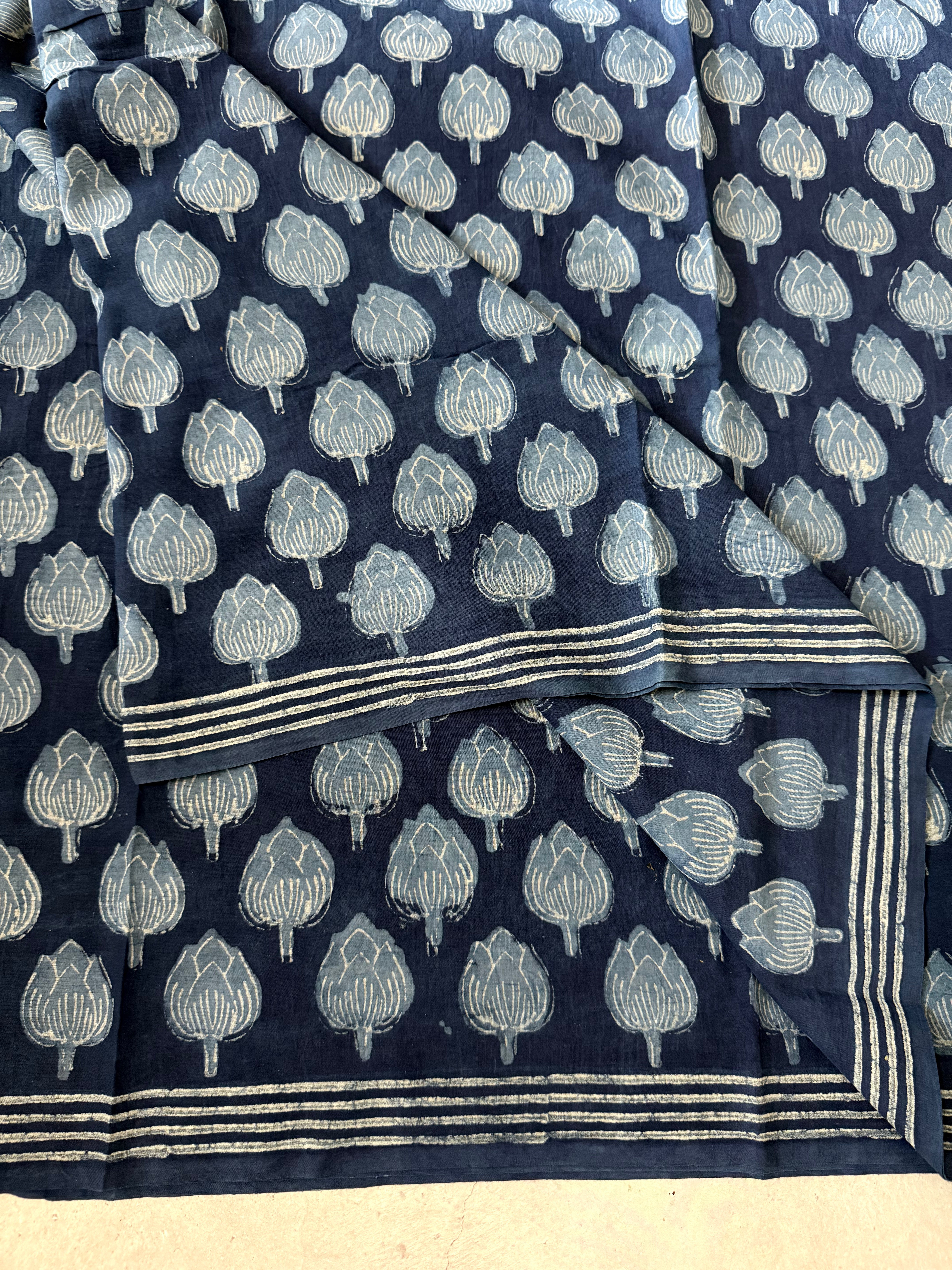 Alankarini | Indigo Block Printed Mul Cotton Saree