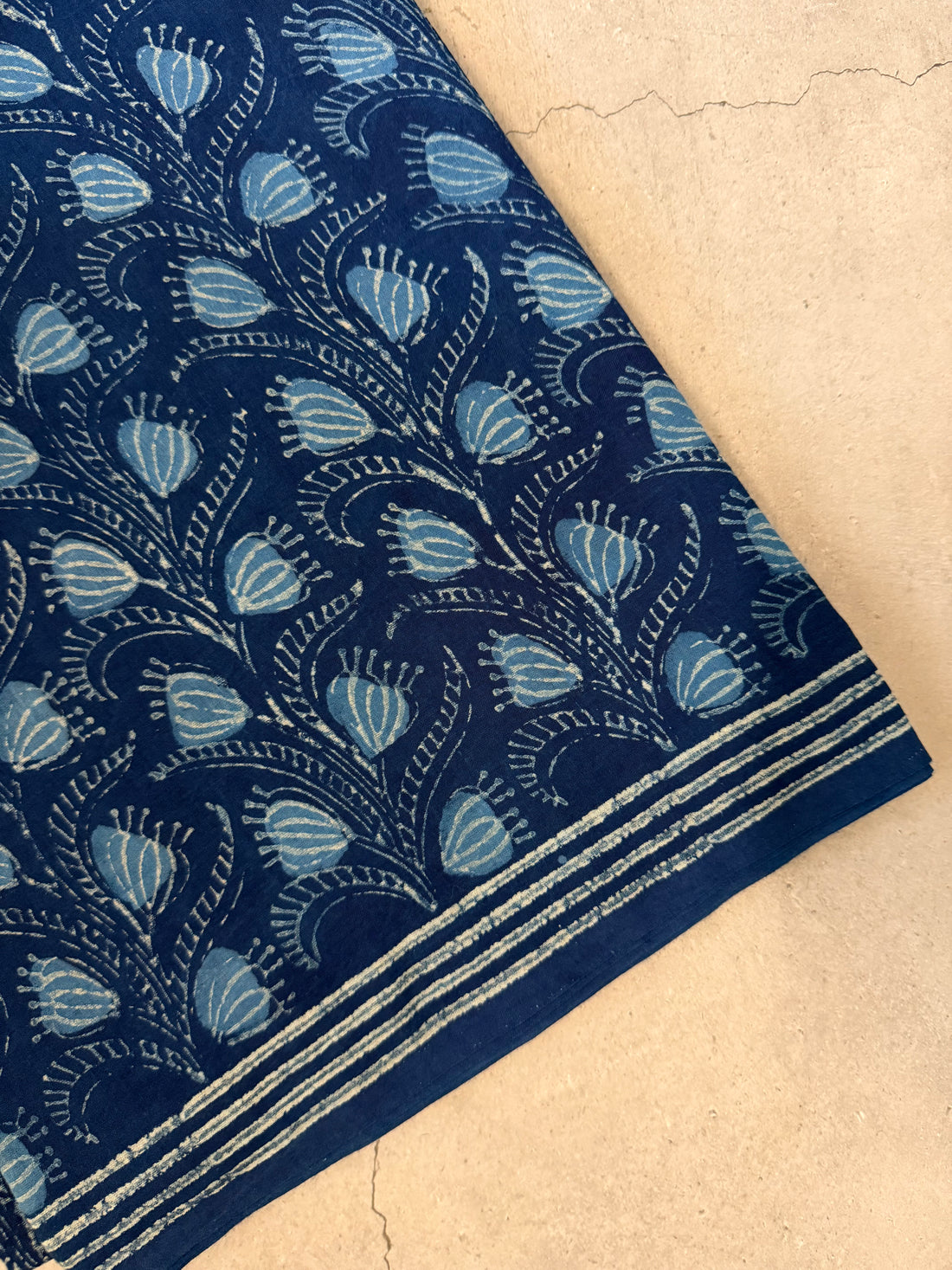 Stambika | Indigo Block Printed Mul Cotton Saree