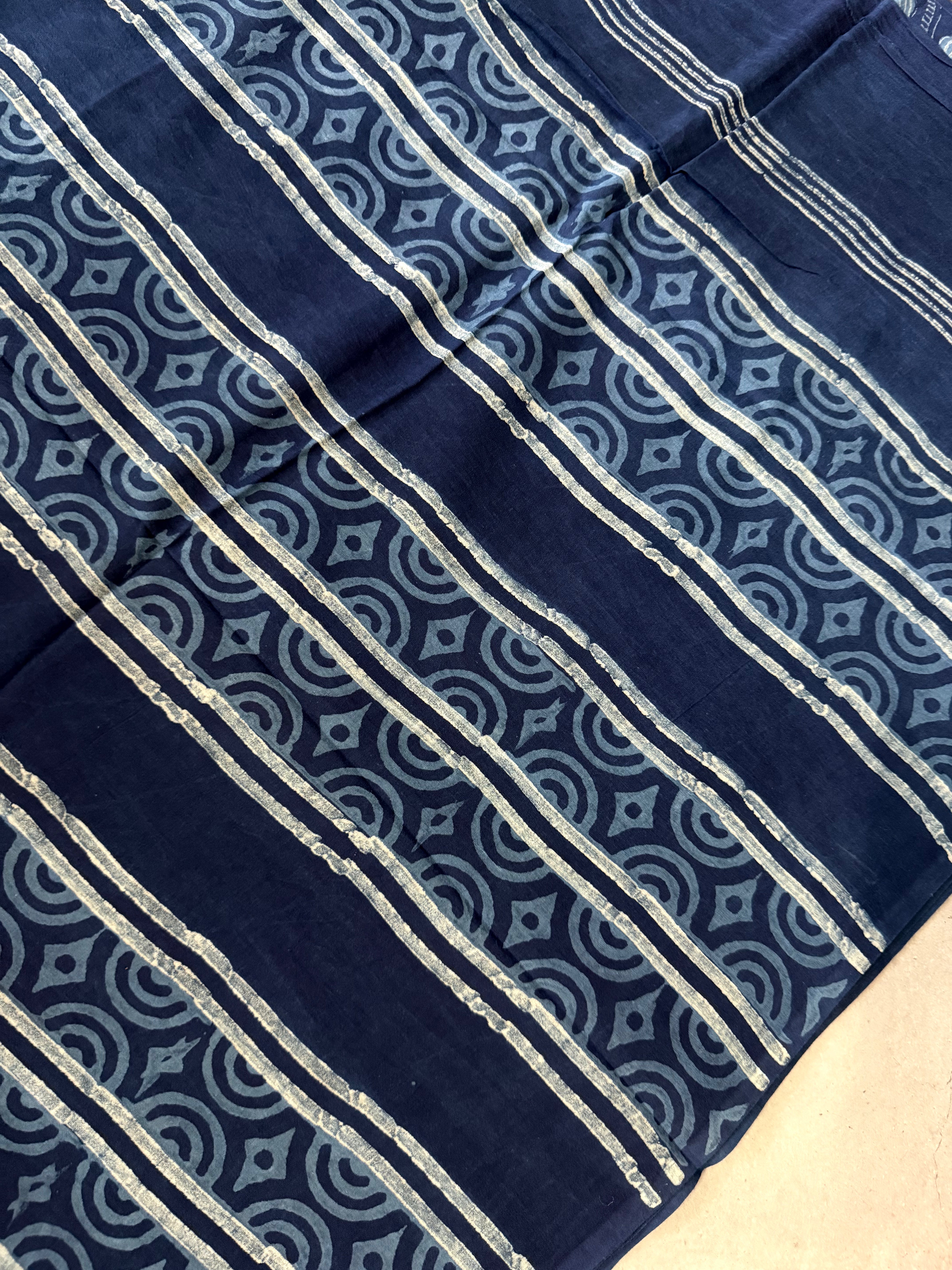 Stambika | Indigo Block Printed Mul Cotton Saree