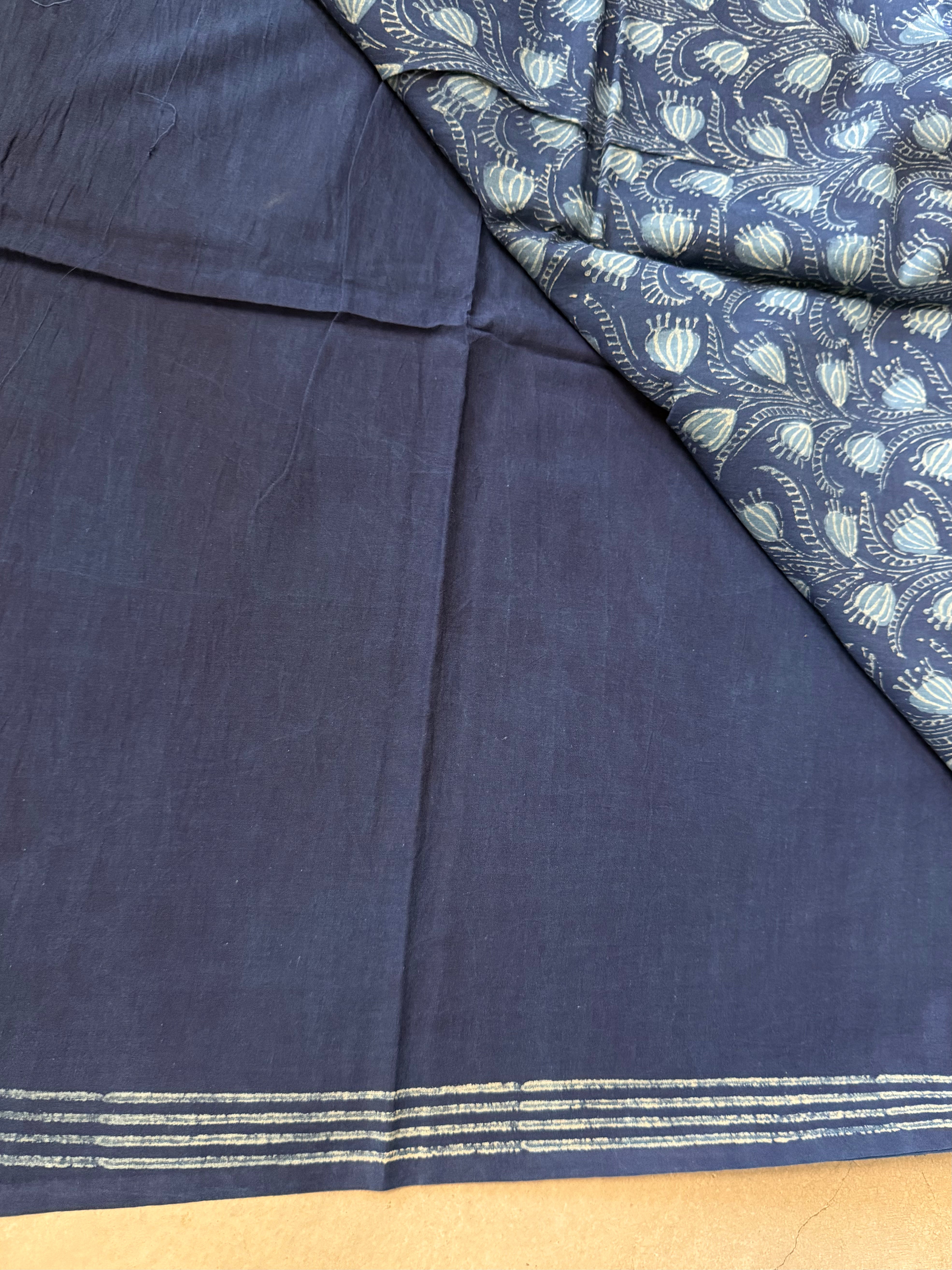 Stambika | Indigo Block Printed Mul Cotton Saree
