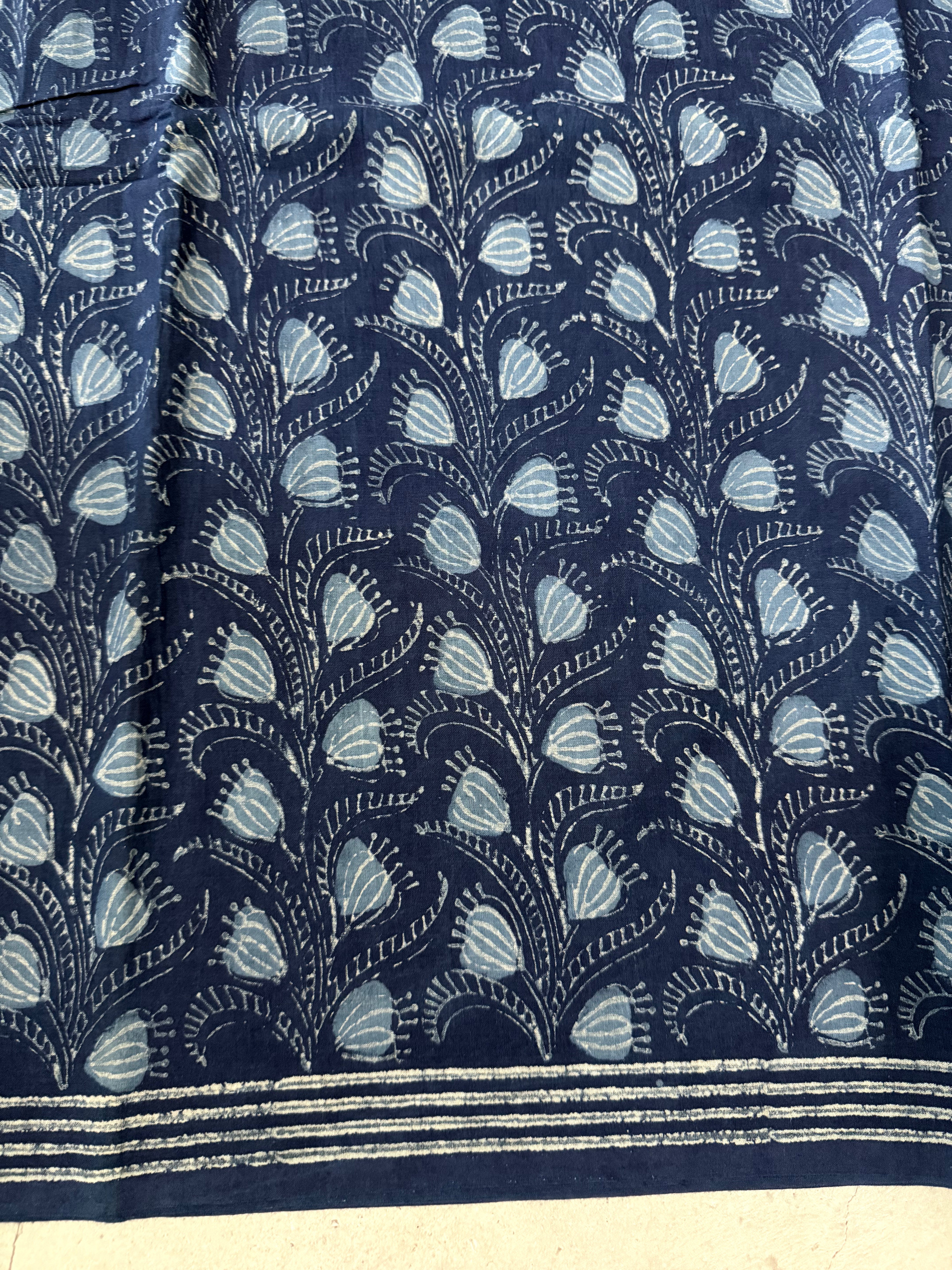 Stambika | Indigo Block Printed Mul Cotton Saree