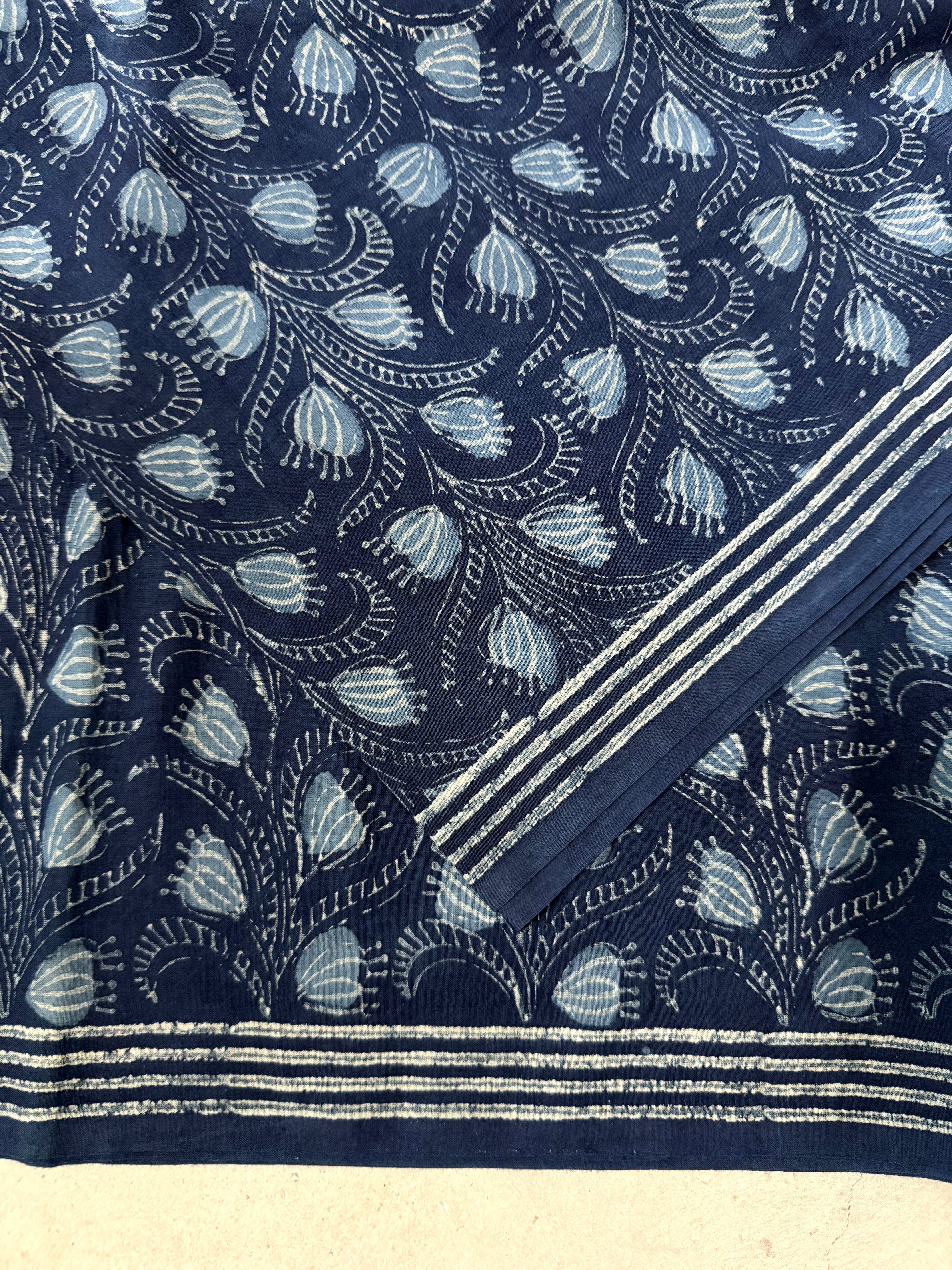 Stambika | Indigo Block Printed Mul Cotton Saree