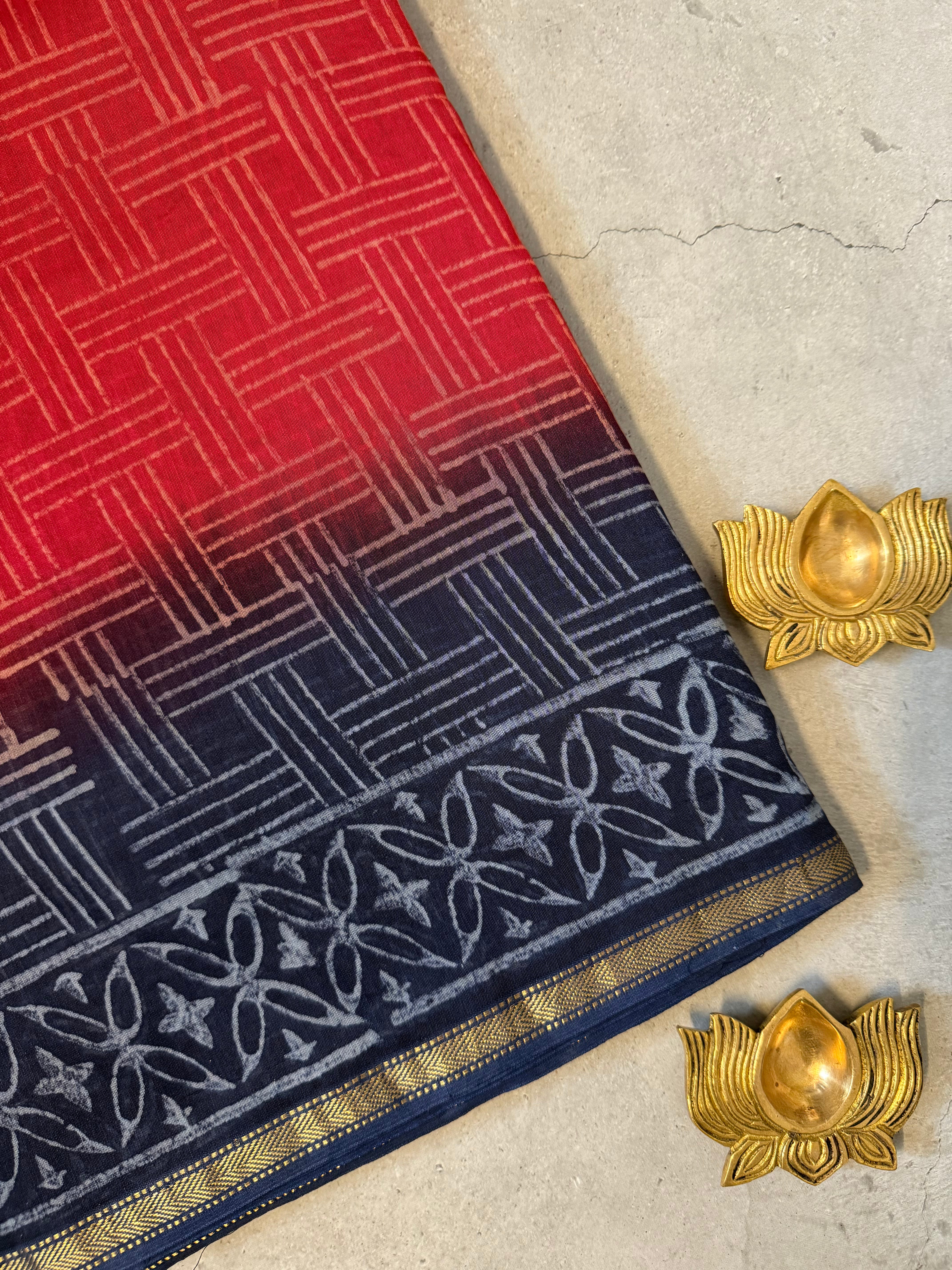 Navrang | Red and Blue Block Printed Chanderi Saree