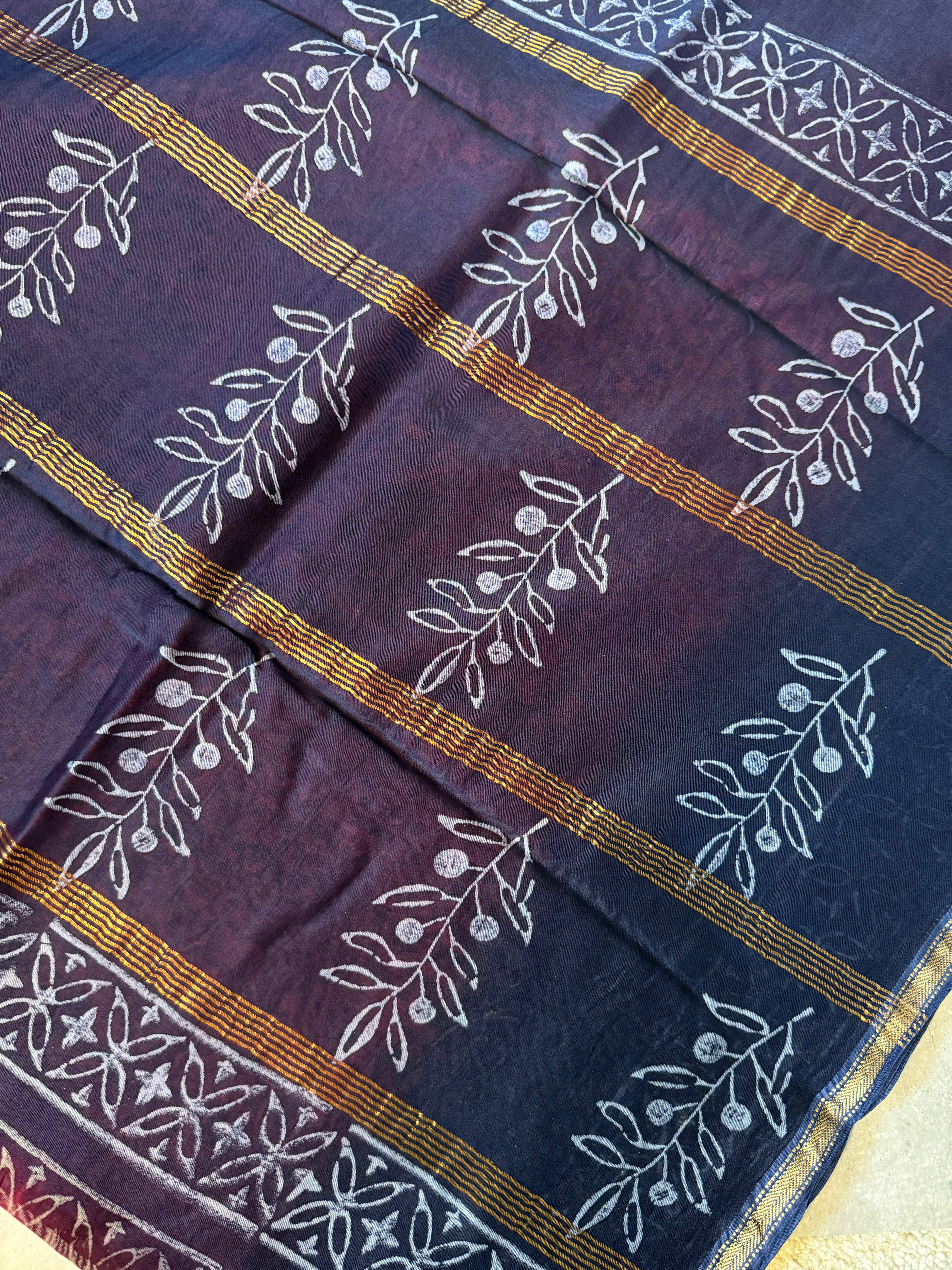 Navrang | Red and Blue Block Printed Chanderi Saree