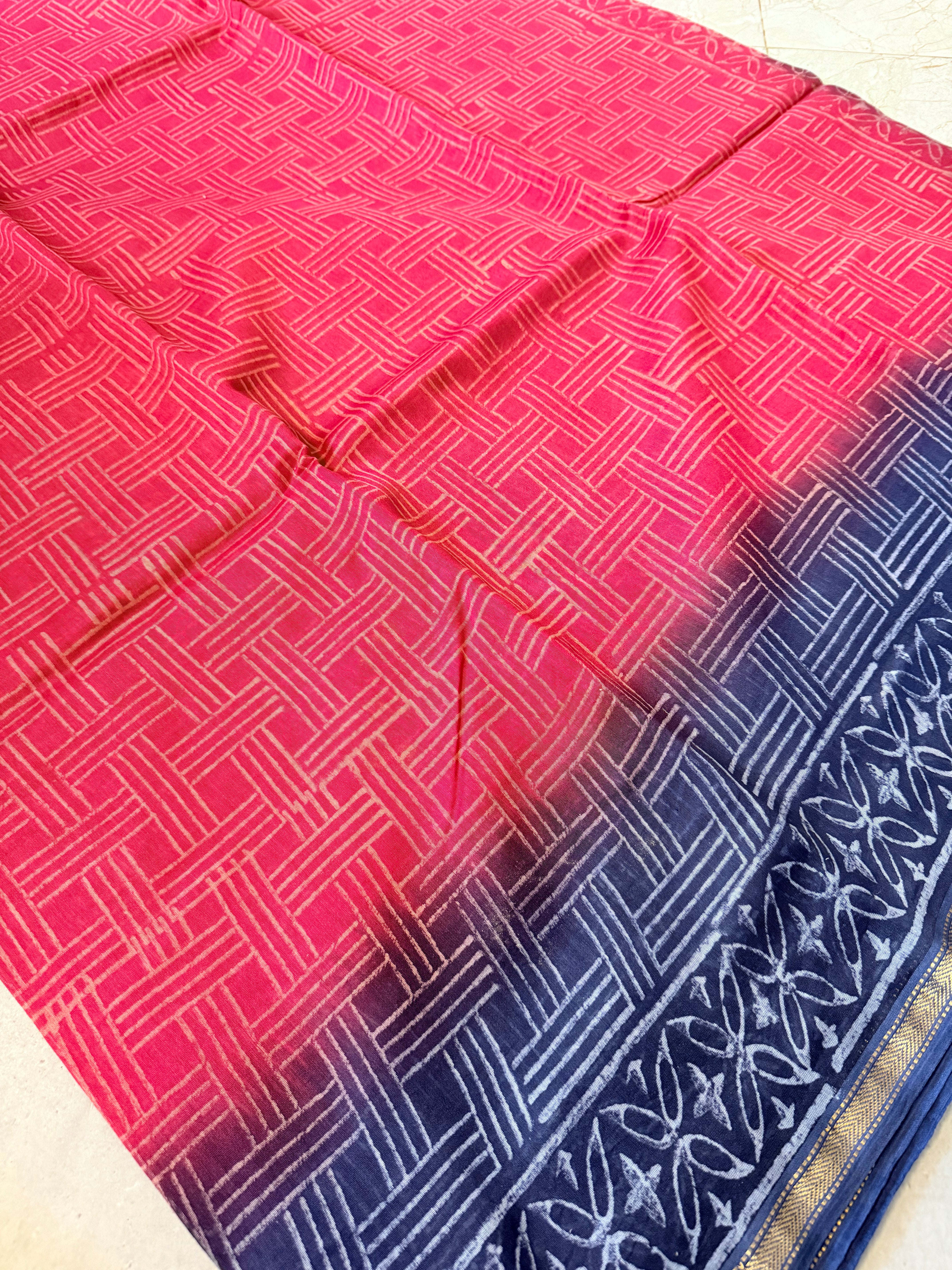 Navrang | Red and Blue Block Printed Chanderi Saree