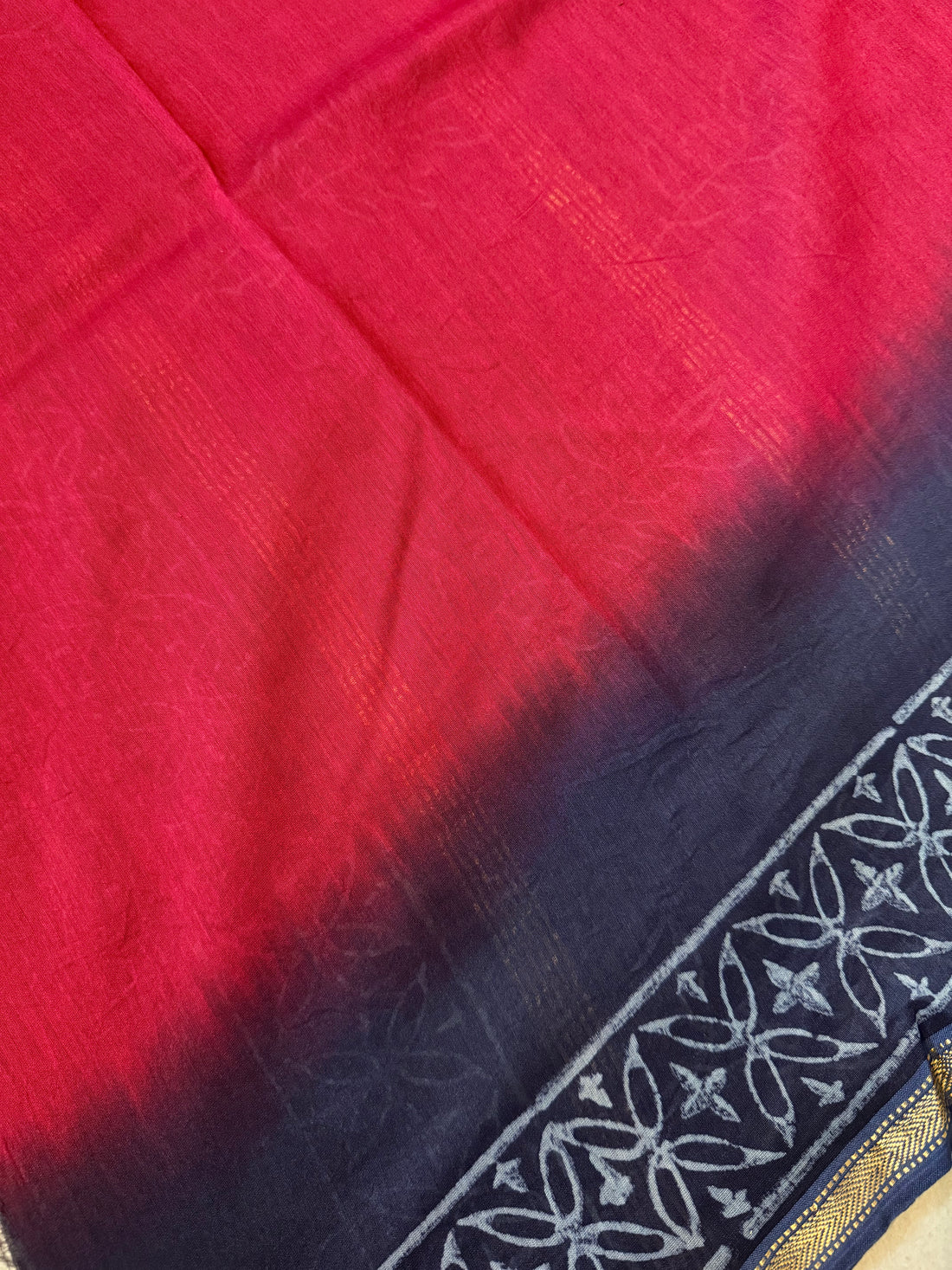 Navrang | Red and Blue Block Printed Chanderi Saree